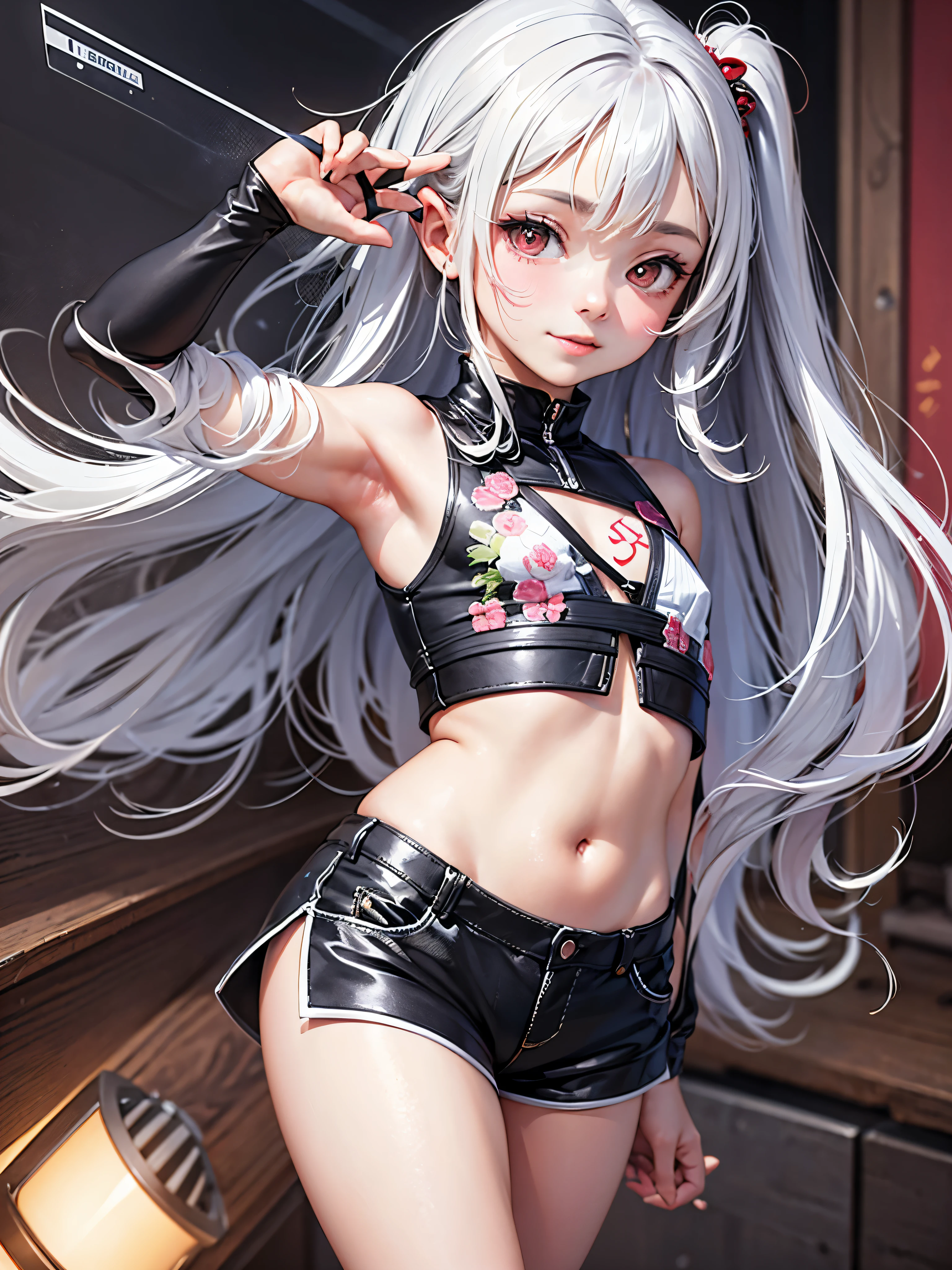 Silver hair, pink eyes, body, cat ears, sexy girl, earrings, heart background fantasy, red pink uniform, hair bow