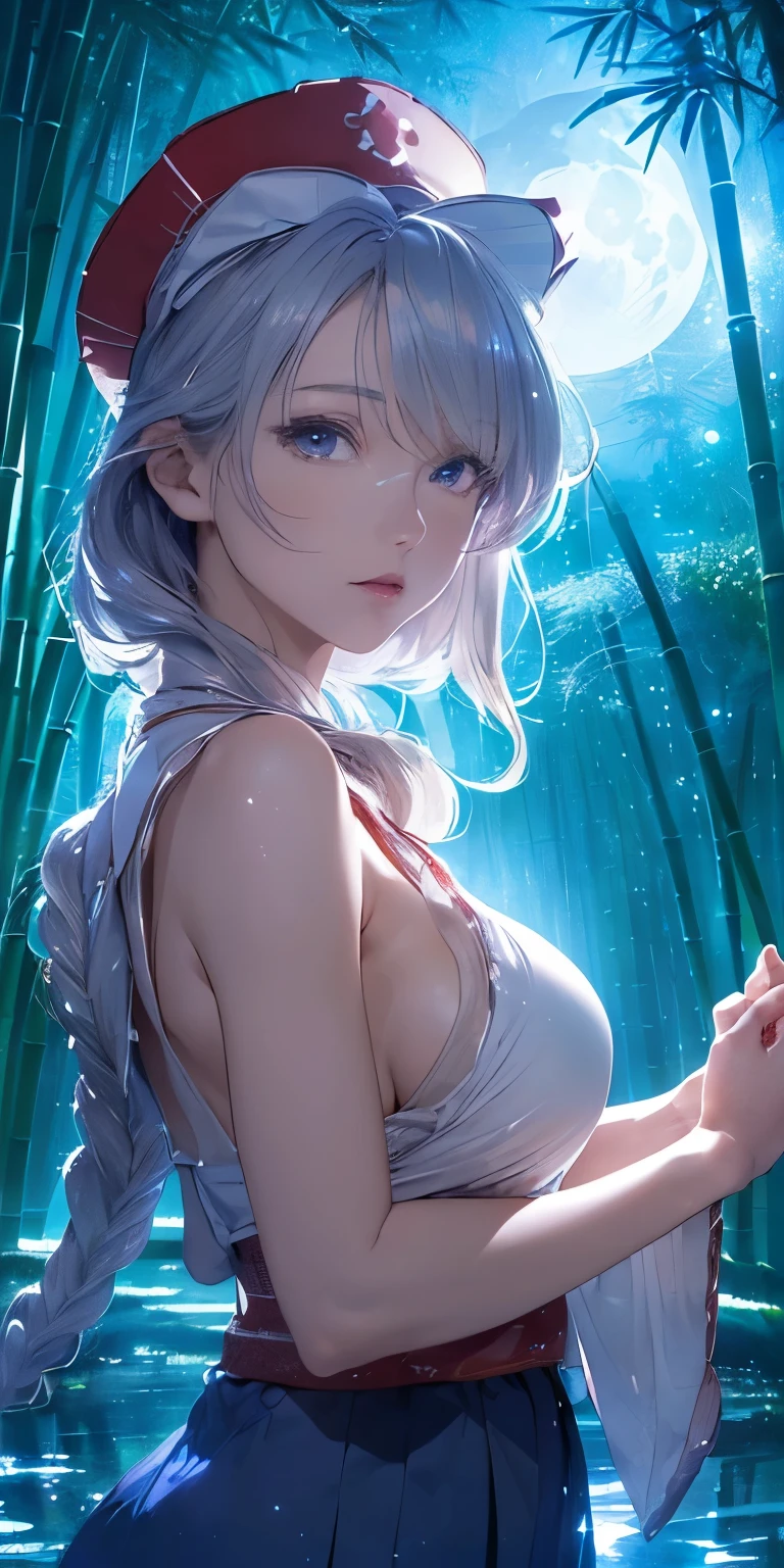 (masterpiece, best quality:1.3), (upper body:1.3), Yagokoro Eirin, Touhou Series, perfect face, expressive eyes, 1woman, looking at viewer, 38 years old, gorgeous body, big breast, beautiful, anime, lora,1woman, silver hair, braid hair, nurse cap, red and blue clothes, long skirt, (cinematic lighting, realistic, dream-like, enchanting atmosphere:1.5), (an old japanese mansion with moonlight leaking, in bamboo forest, midnight, big full moon:1.3)