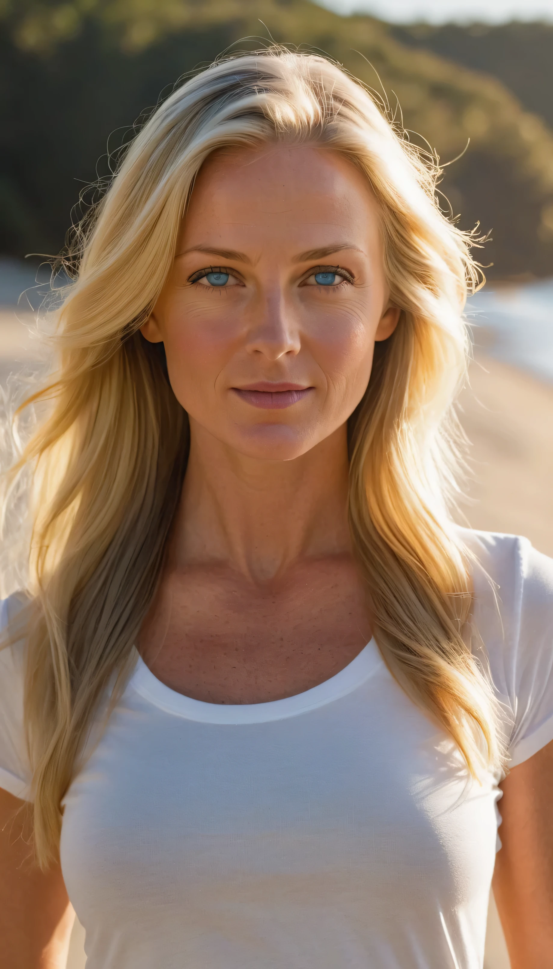 A photorealistic portrait of a 45-year-old American girl with long, flowing blonde hair and striking blue eyes Wearing a tight white t-Shart. She should have a natural, approachable expression and be illuminated by soft, golden-hour sunlight. The background should be a scenic outdoor setting, perhaps a sunlit beach. Capture this image with a high-resolution photograph using an iPhone 14 Pro camera.