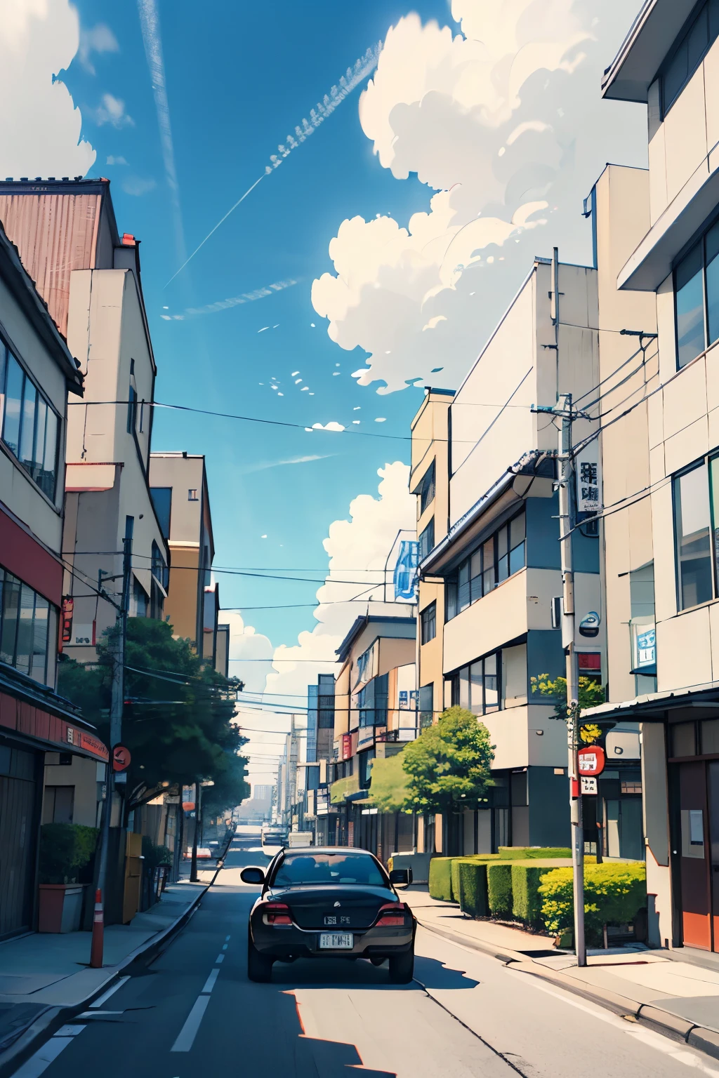 in front of paking park, japanese city, city, car, motorcycle, HD, 8K, 4K, WHITE CLOUD, BLUE SKY,, CLOUDY, HIGH SCHOOL, STREET