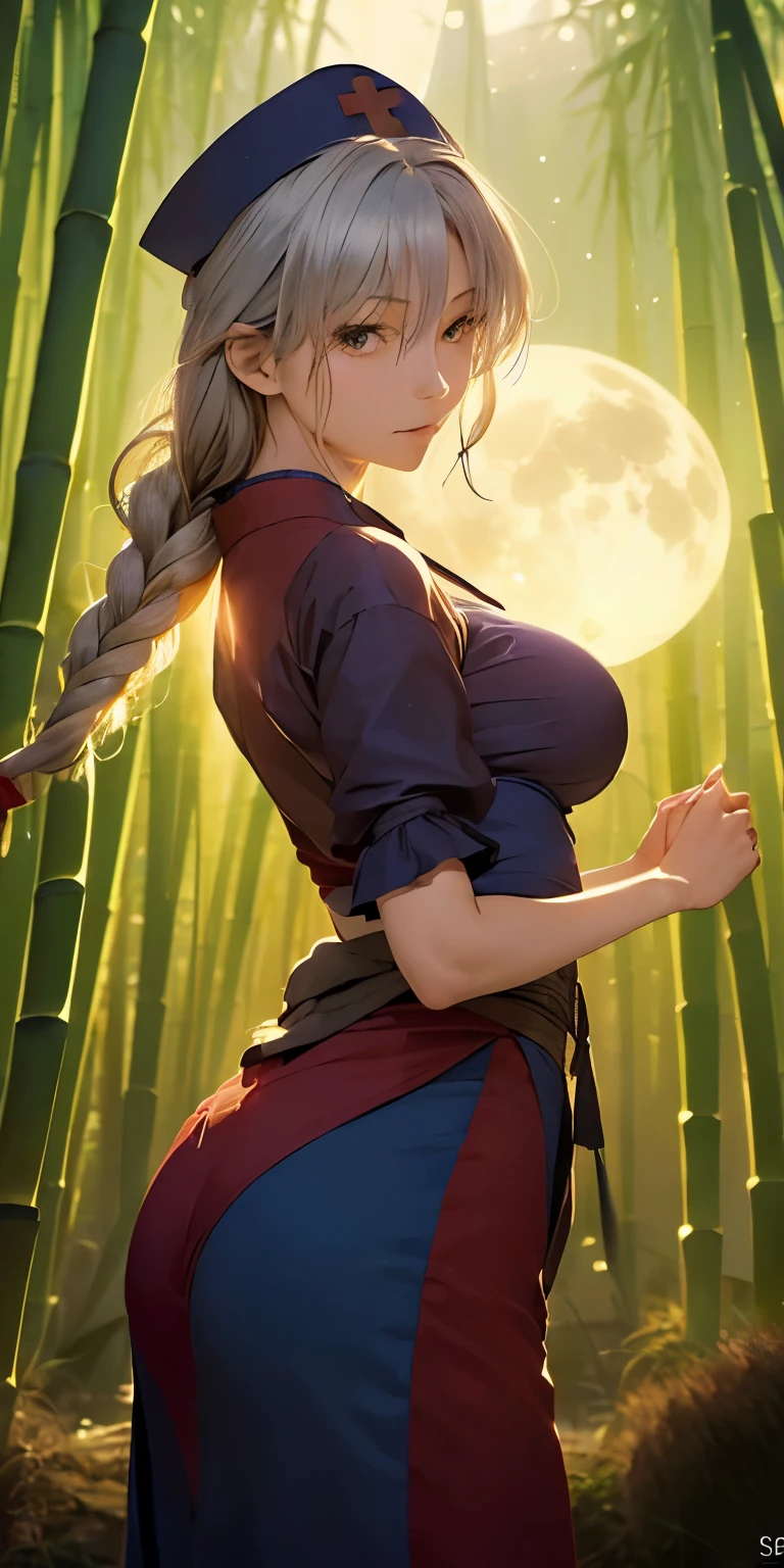 (masterpiece, best quality:1.3), (upper body:1.3), Yagokoro Eirin, Touhou Series, perfect face, expressive eyes, 1woman, looking at viewer, 38 years old, gorgeous body, big breast, beautiful, anime, lora,1woman, silver hair, braid hair, nurse cap, red and blue clothes, long skirt, (cinematic lighting, realistic, dream-like, enchanting atmosphere:1.5), (an old japanese mansion with moonlight leaking, in bamboo forest, midnight, big full moon:1.3)