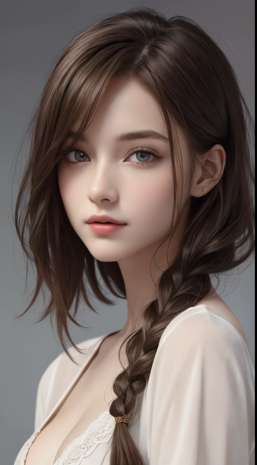 (photograph:1.2)、(photorealistic:1.3)、(masterpiece:1.3)、(Highest image quality:1.4)、ultra high resolution、(detailed eyes)、(detailed facial features)、(Detailed garment features)、8K resolution、solo focus、26 year old mature woman、small face、no makeup、Detailed leal beautiful eyes、bangs、gold hair、long cut hair, braided  hair、(realistic skin)、beautiful skin、charming、ultra high resolution、Super realistic、High definition、Camisa branca aberta,middlebre、small breasts、bust B cup、small breasts、cool beauty、Gray background、cinematic lighting、perfect、soft light、High resolution skin:1.2、realistic skin texture、26 years old mature woman、small face、no makeup、Bust B Cup、Detailed beautiful brown eyes、short hair、dark brown hair、Cool beauty、