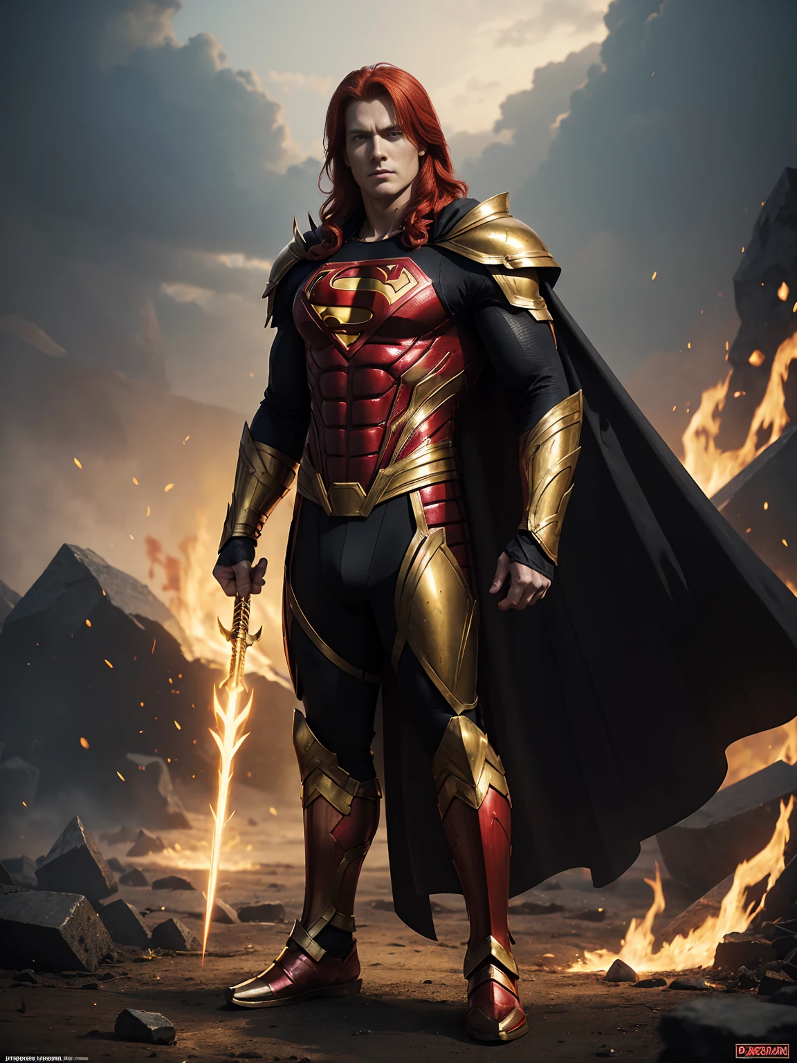 ((Full body photo,standing, feet on the ground)) A red-haired warrior man with yellow eyes wearing black and gold Superman armor