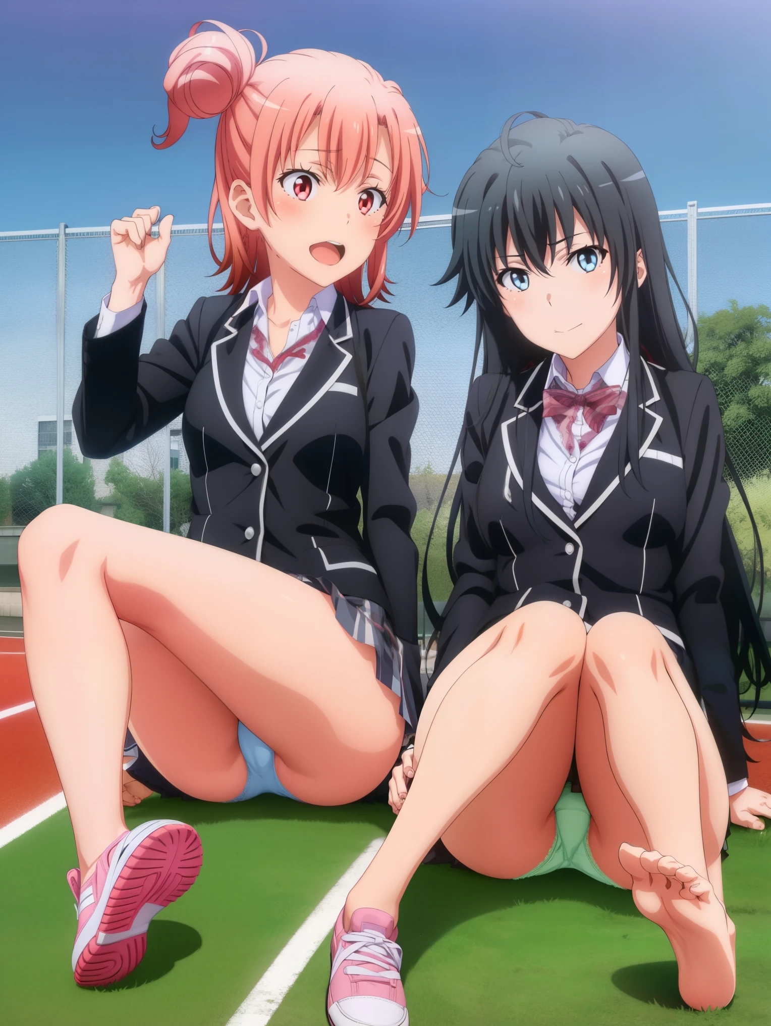 2 girls , stage,Yukinoshita Yukino , (full breats Yuigahama Yui ), physical education sitting ,wear sneakers, (Sole of foot 1.0),blazer,shirt,check skirt,(Pussy cameltoe in panties:1.0),(pink lace panties:1.0),(white lace panties),