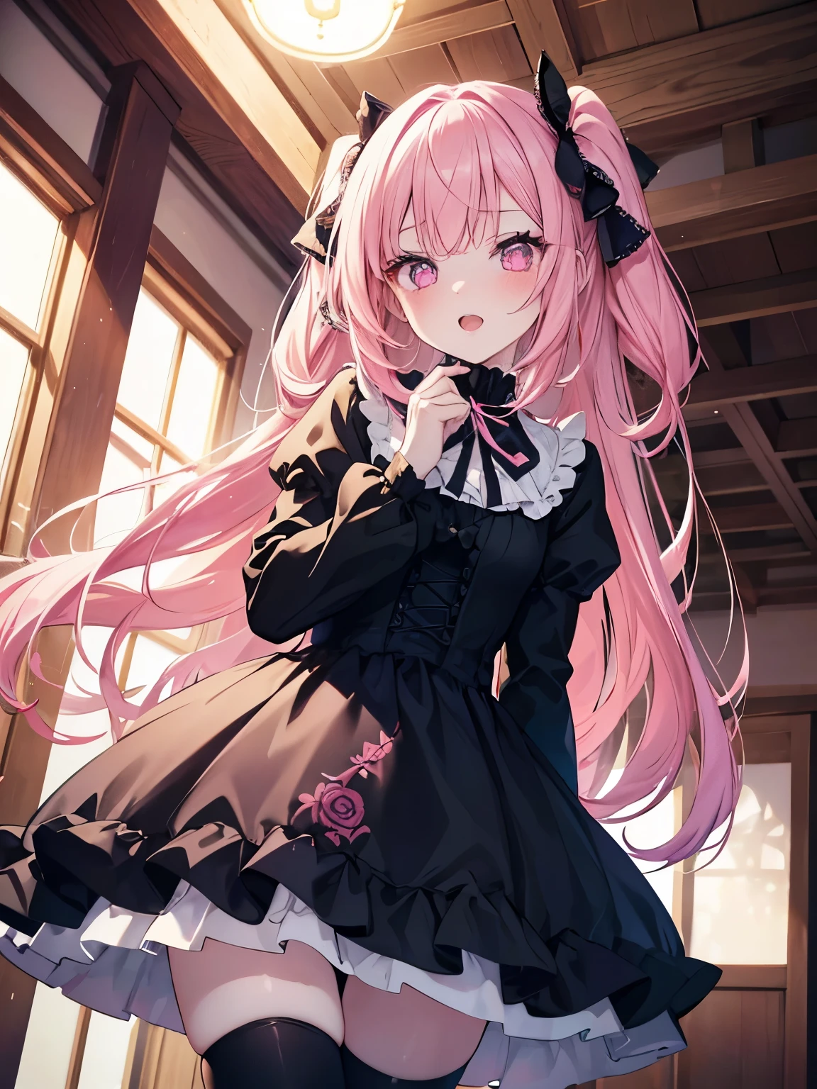 masutepiece, Highest Quality, (Perfect face:1.1), (high detailing:1.1), (ultradetailed eyes), Dramatic, superfine illustration, Extremely detailed,1girl in, teenager,(pale skin), Happy, Laugh, Enjoy,Open mouth,gloweyes,pinkhair,straight hair,Ethereal eyes, pink eye,blush, Solo,Pouty lips,Cinematic lighting, upper body,looking up, leaning forward,Long sleeve, Gothic lolita, frilld, bow ribbon,knee high socks,indoor