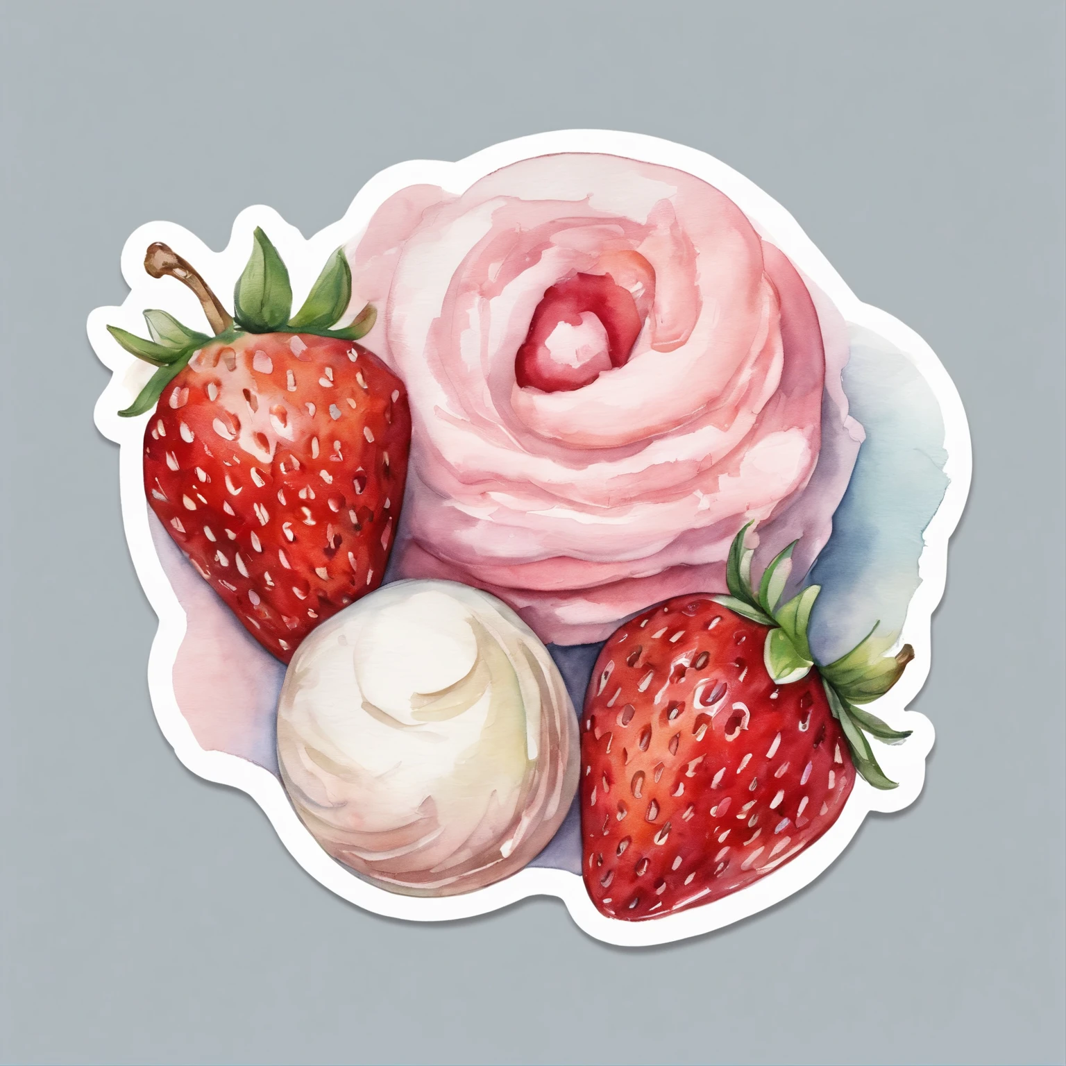 (pastel colour:1.2)、(cute illustration:1.2)、(watercolor painting:1.2)、white background、strawberry ice cream with fresh strawberry chunks sticker、strawberry fruit, ice cream、pale pinkish green throughout、confections, sweet, sticker style, no background, rounded edge, sticker