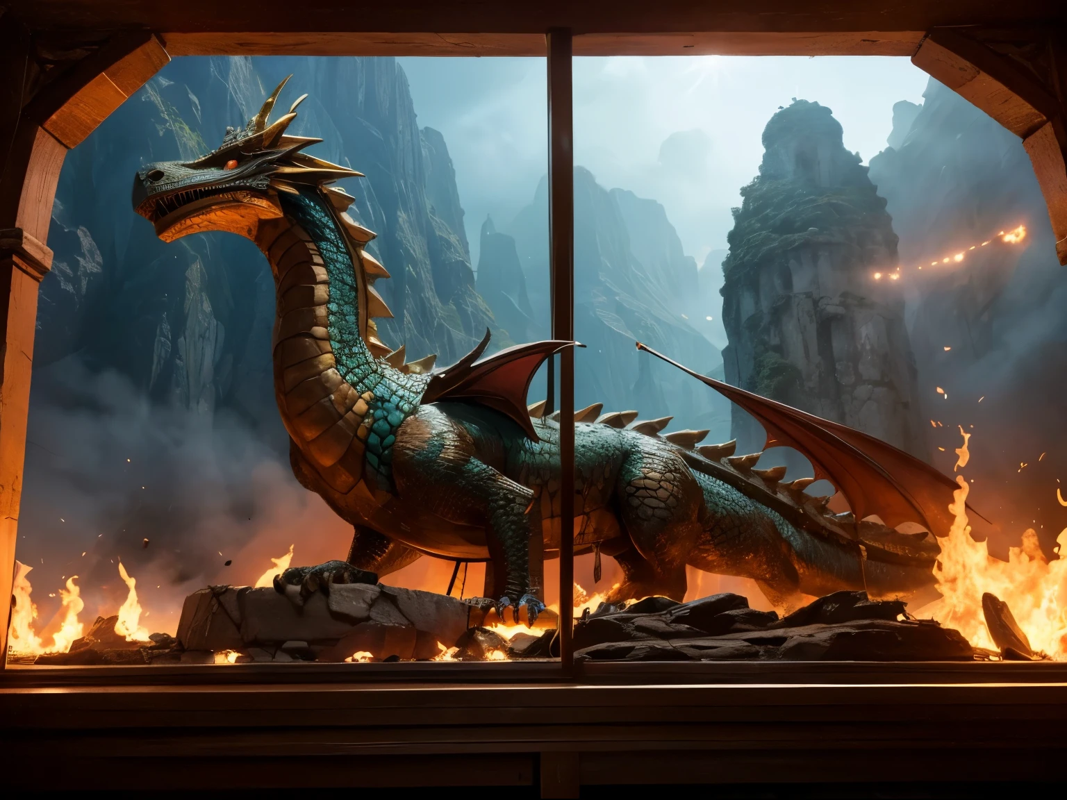 En la cima de una isla flotante, a majestic dragon made of glass and fire guards an ancient treasure chest. A group of intrepid adventurers approaches, decidido a reclamar el premio.