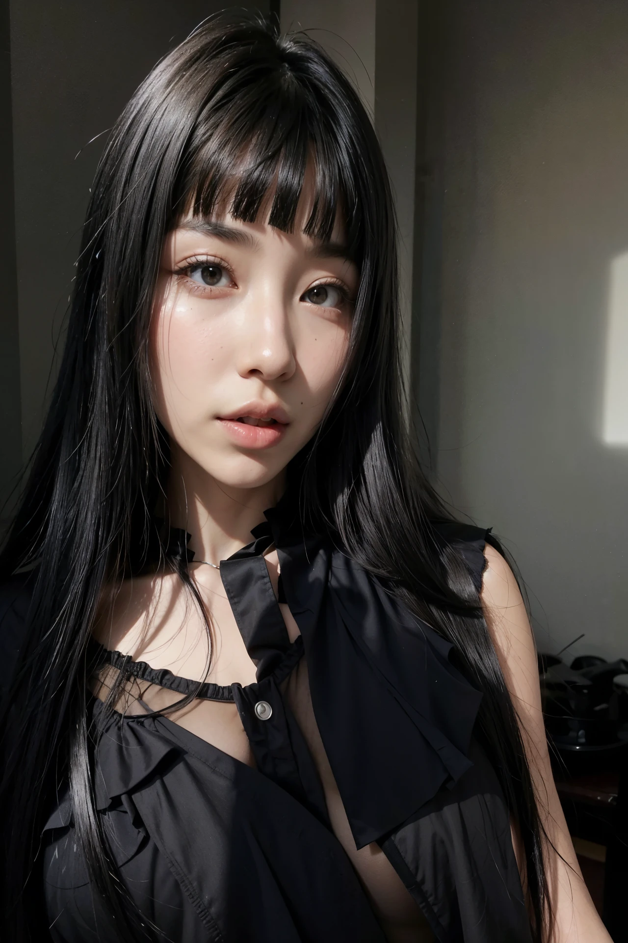 Arafed Asian woman with long black hair and black blouse, she has black hair con flequillo, long black hair con flequillo, flequillo negro, con flequillo completo, cabello con flequillo negro, sui ishida con cabello negro, pelo cortado hime negro, con flequillo, long hair con flequillo completo, con un flequillo oscuro, flequillo largo y recto, pelo negro y flequillo blanco
