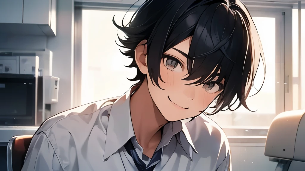 male、Hair divided into 73 parts、hair is black、hair cut short、Looks serious、hospital room、very smiling、Wearing a school uniform、