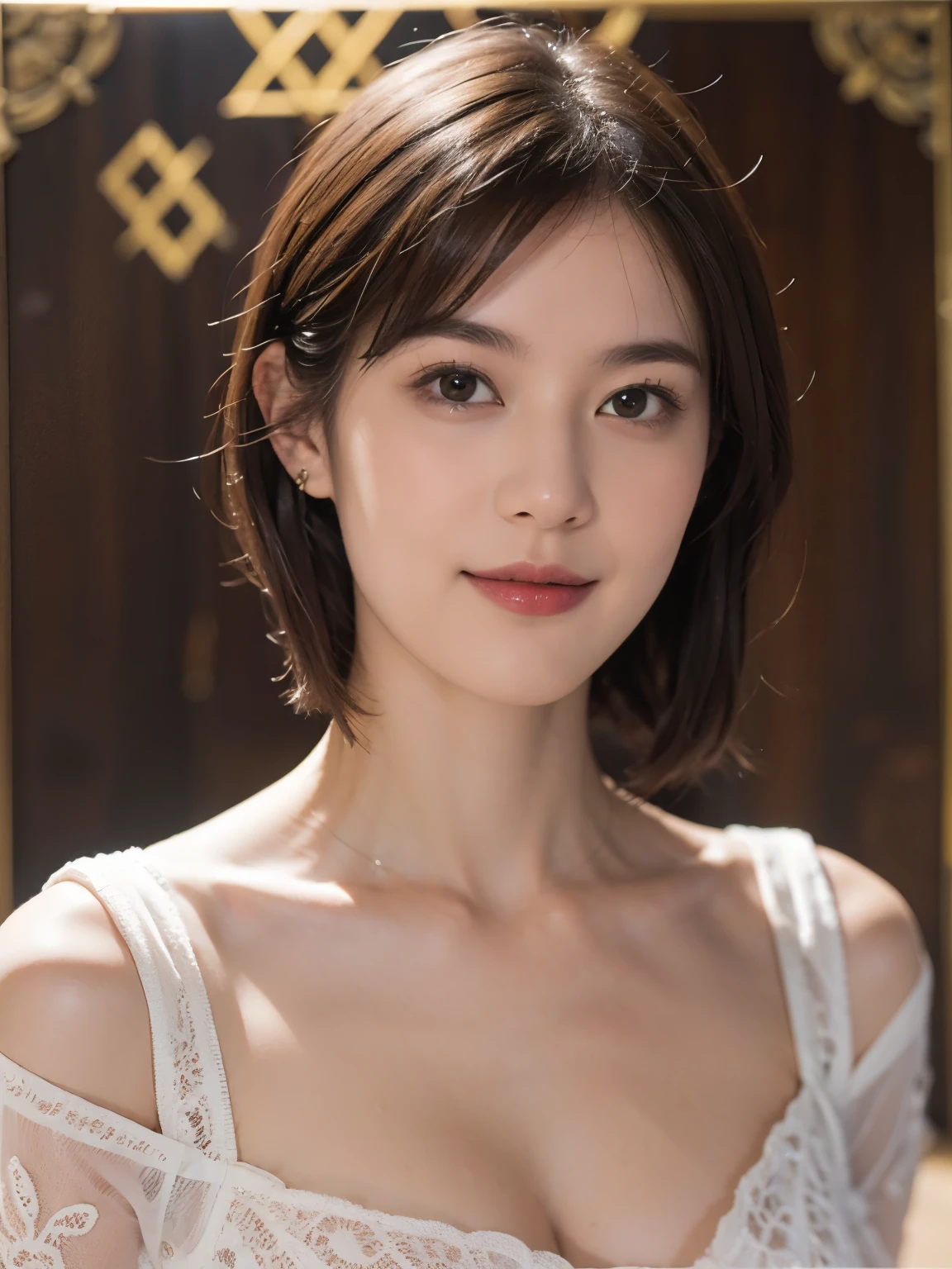 ((top-quality、8K、​masterpiece: 1.erfect Body Beauty: 1.4、Slender Abs: 1.2、Beautiful woman with slender abs:1.3、(Highlight Haircutreast B Cup:1.2), medium breast, round shape breast, perfect shape breast, () necklace, hyperdetailed face、18year old、 Pretty women、(Dark brown short-cut hair), Slim Face、Highly detailed facial and skin texture、very detailed lips、opens legs、top-quality、​masterpiece、超A high resolution、(Photorealsitic:1.4),(()), As she confidently posing for camera, , studio light, gray background, full body