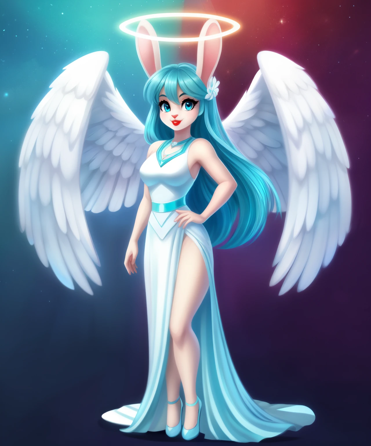 Andromeda the female lop rabbit angel, light cyan fur, halo, white soft wings, red shiny lipstick, aquamarine eyes, blue eye shadows, cyan hair, rabbit ears, White greece goddess dress, Disney cartoon style, full body