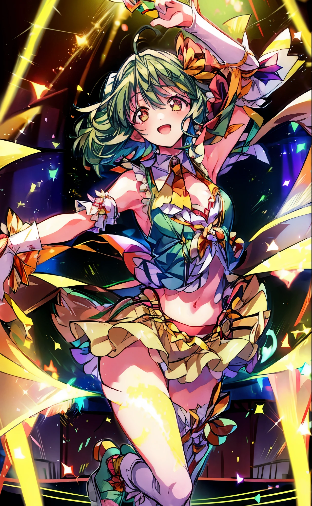 (anime:1.1), highest quality, table top,
1 girl, handle,Macross Frontier　handle, green hair, short hair、bob hair,small breasts, red eyes, mature woman,  looking at the viewer, smile，stage performance, hot air，Idol style green kimono,white knee high socks，jumping,，アイドルsinger standing in the center of the stage，アイドルsinger holding a microphone and singing， アイドルsinger&#39;serious and powerful expression. singer&#39;&#39;&#39;voice is powerful and beautiful，fans gather around the stage， ファンはアイドルsingerと一緒に歌ったり踊ったりしています,(masterpiece:1.2), highest quality, High resolution, unity 8k wallpaper, (shape:0.8), (beautiful and detailed eyes:1.6), highly detailed face, perfect lighting, Very detailed CG, (perfect hands, perfect anatomy),