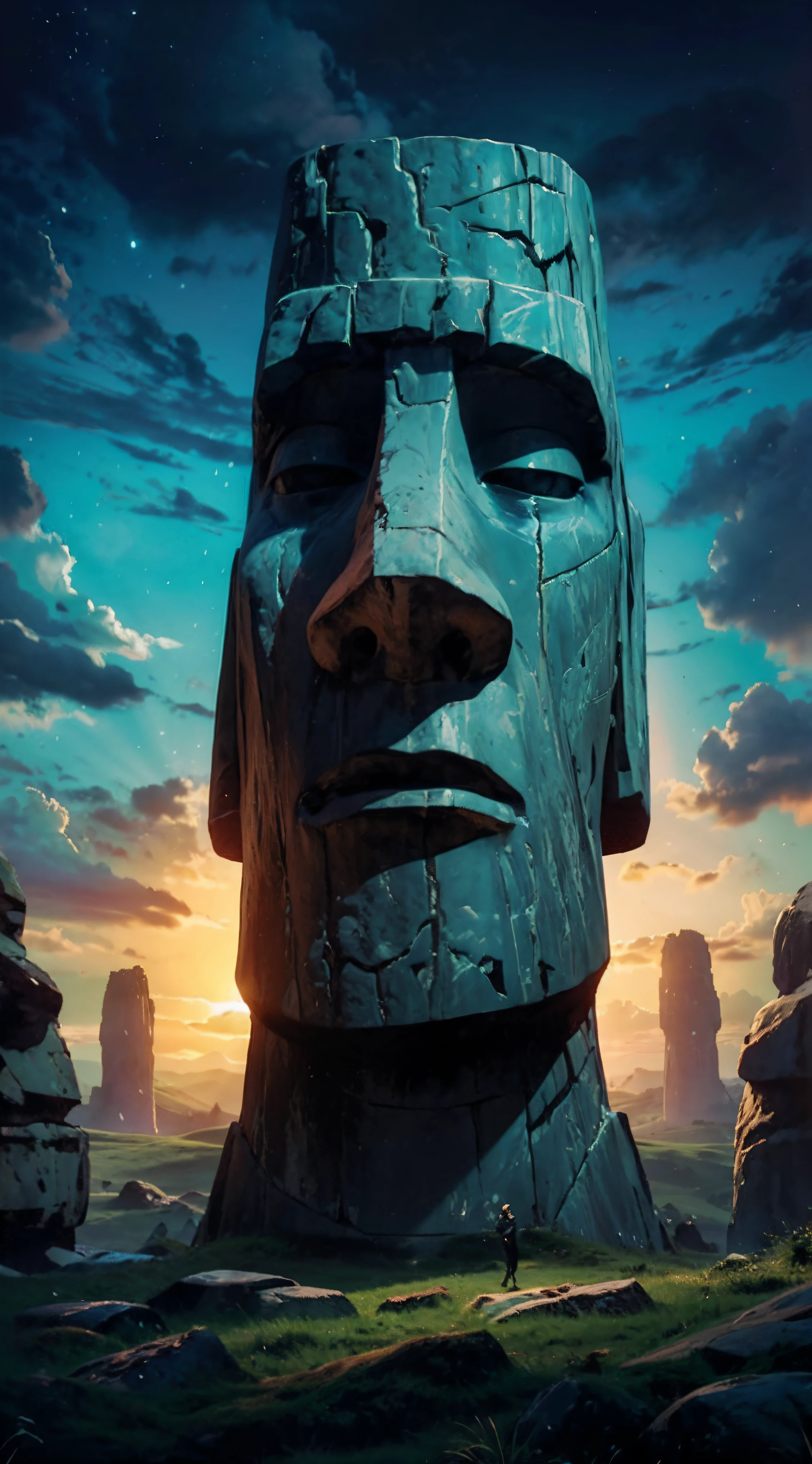 paisagem, Potrait 8k of beautiful landscape with statue stone 🗿, foco apenas, focus on the statue stone, regra da terceira fotografia, intricado, elegante, fotografia realista com profundidade de campo, perfect natural lighting (obra de arte, side lighting, beautiful finely detailed stone statue 🗿), realistic license, nuvem realista, bokeh realista, realistic sky, beautiful sky, raio de luz, regra da terceira fotografia, fotografia de ponto de interesse, perfect paisagem color tone, realistic standing girl, musgo realista, grama realista, realistic store textura, colina realista, realistic tree, best paisagem color tone, terra realista, textura, add grains, renderizar com redshift, sombra realista, better of saturation, melhor pixel da imagem,