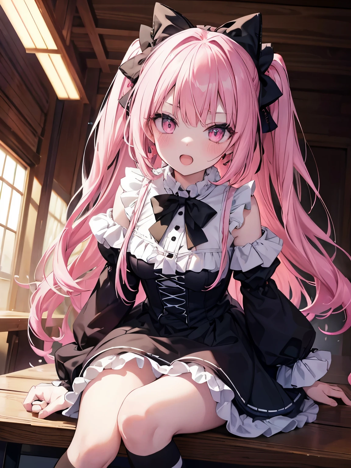 masutepiece, Highest Quality, (Perfect face:1.1), (high detailing:1.1), (ultradetailed eyes), Dramatic, superfine illustration, Extremely detailed,1girl in, teenager,(pale skin), Happy, Laugh, Enjoy,Open mouth,gloweyes,pinkhair,straight hair,Ethereal eyes, pink eye,blush, Solo,Pouty lips,Cinematic lighting, upper body,looking up, leaning forward,Long sleeve, Gothic lolita, frilld, bow ribbon,knee high socks,indoor