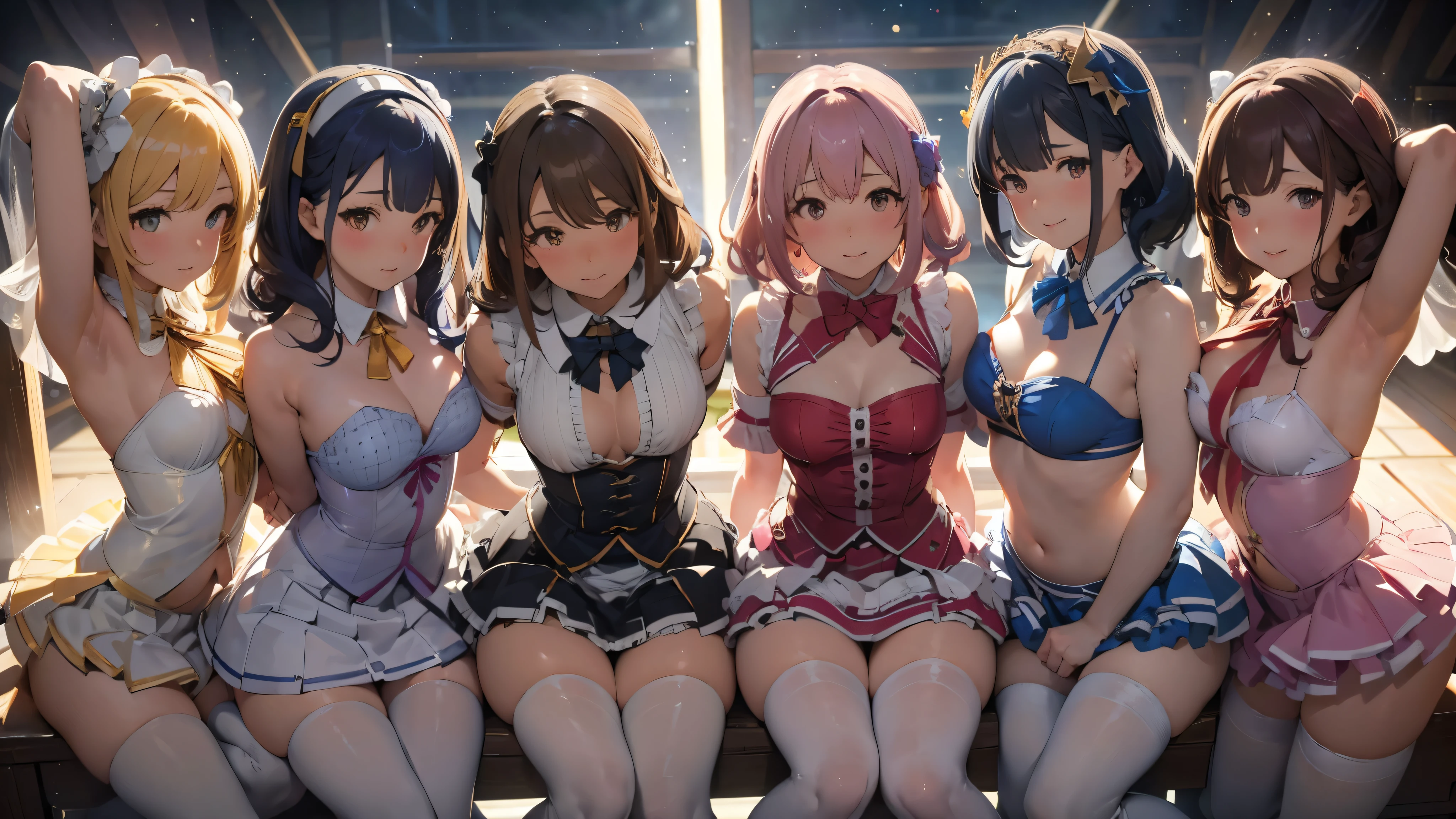 best picture quality, 8K, high quality, masterpiece:1.2), ((masterpiece)), (high detail, high quality, best picture quality), bokeh, DOF, Portrait, open stance, (matured ladys), (cute illustration:1.2), (Delicate facial depiction:1.5), perfect anatomy, perfectly balanced anatomy, stage, (multiple girls with various hair color and style:1.2), 3girls, daylight, beautiful light, professional lighting, (small size breast), (sleeveless gorgeous idol dress wi lots of frills, detached sleeve,), (idolmaster), cute round face girl, dynamic posing, exciting mood, smiling, dynamic angle, (armpits:1.2), white pantyhose,