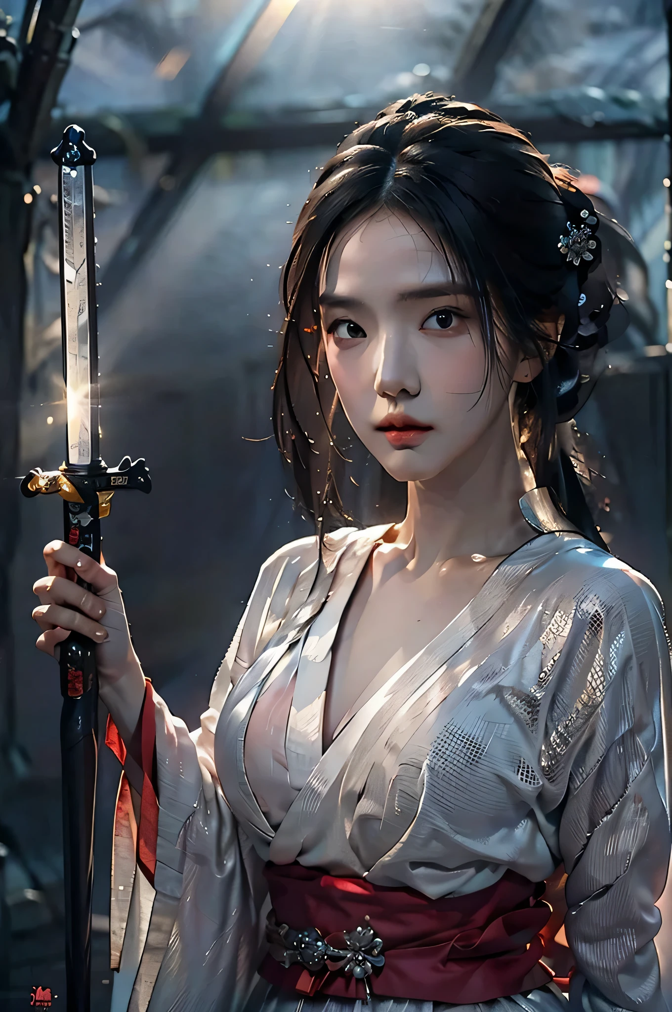 (highest image quality), (masterpiece), (vibrant, photography realistic, Realistic, Dramatic, Dark, Sharp focus, 8K), beautiful, Highly detailed face and skin texture, sexy wedding dress, ethereal beauty, mature asian woman,black long hair, make up, nsfw ,Close up shot, ((backlight)), holding sword, samurai wedding