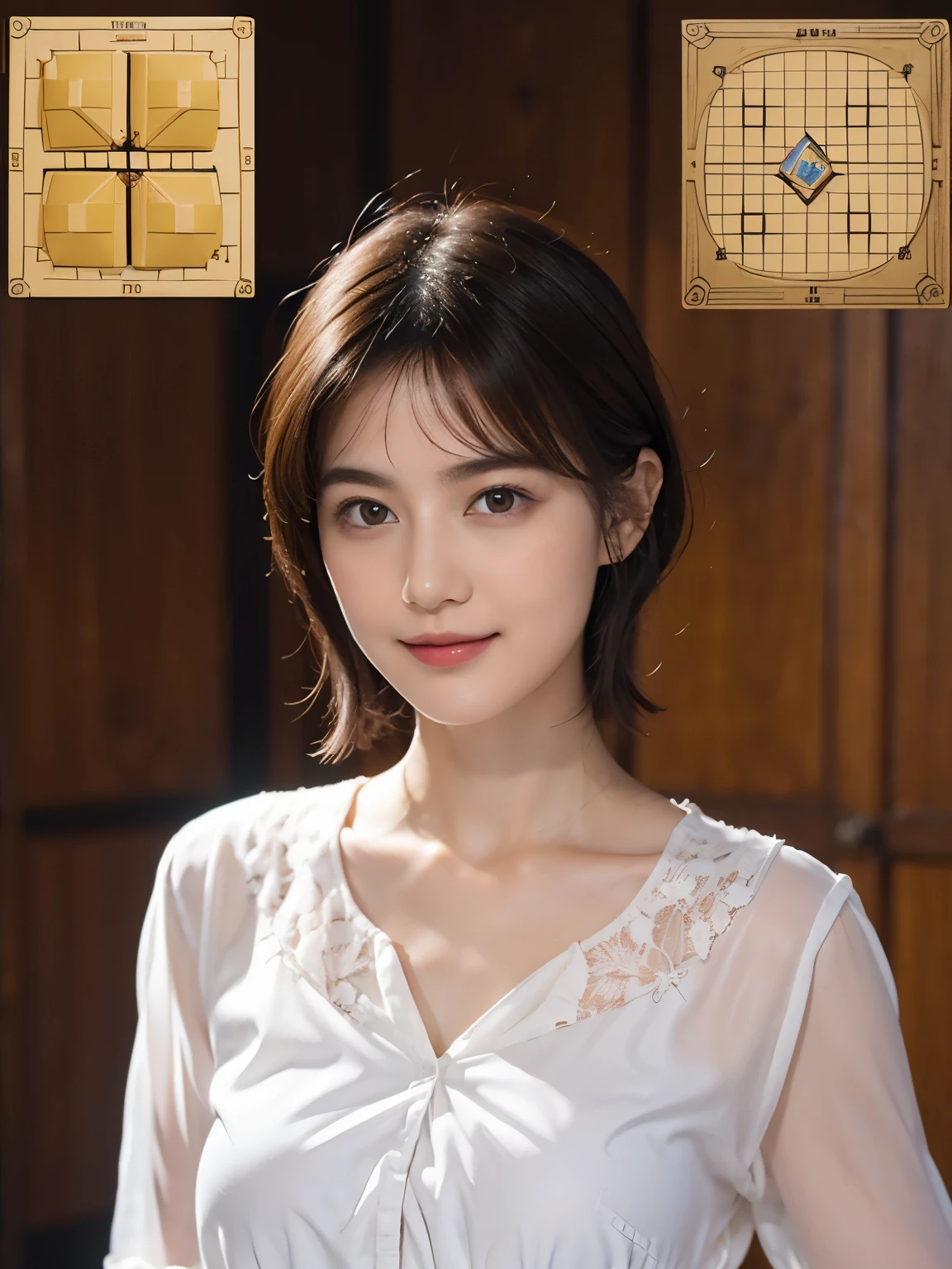 176 short hair, 20 year old woman, gentle smile, (The background is a magic square,fractal art:1.46)