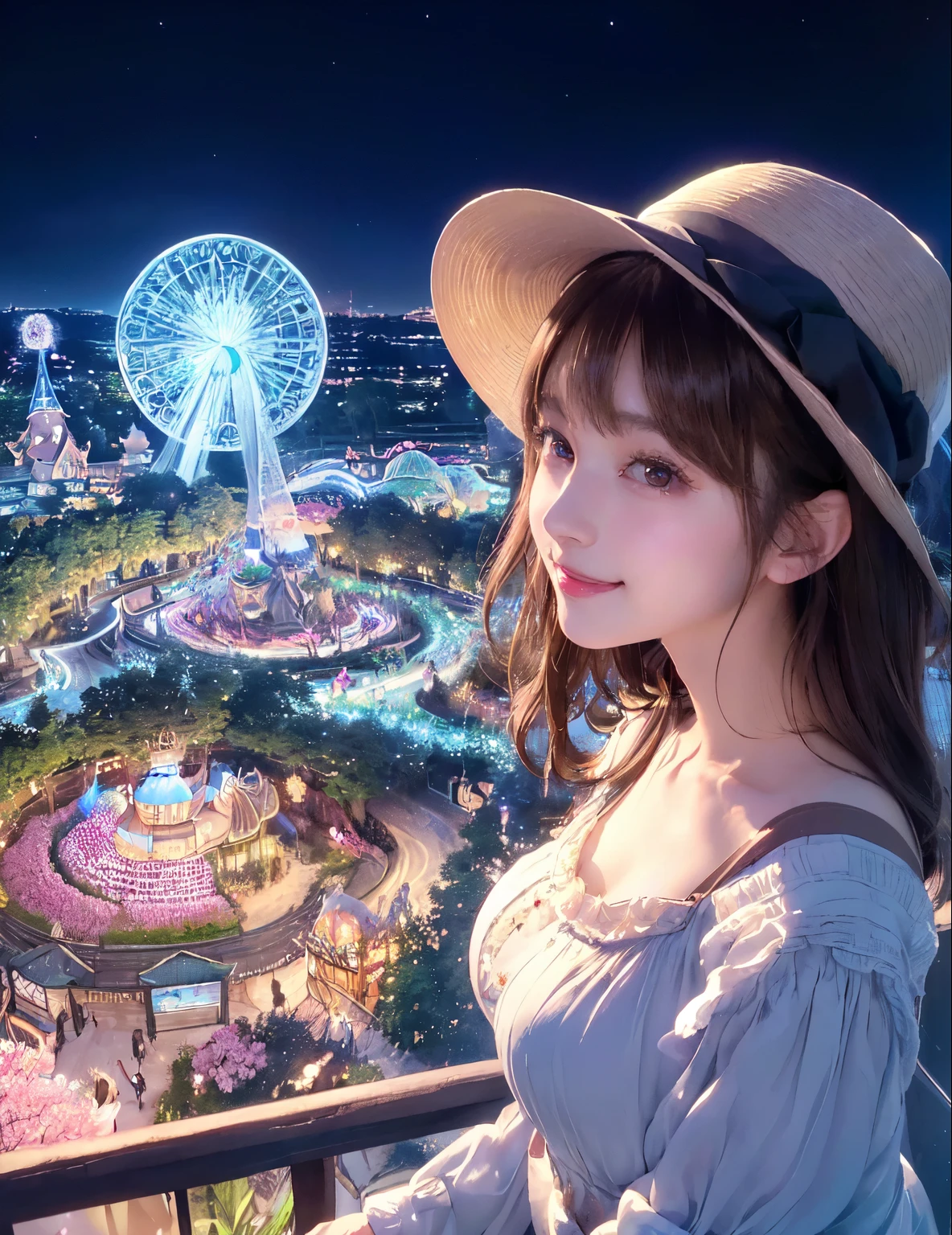 Limited to 1 female, /(stylish clotheature woman, /(brown hair/) bangs, long hair、 blush and smile happily, facing away, (A masterpiece of the highest quality:1.2) Delicate illustrations super detailed, Big breasts BREAK (Theme park:1.1), (Night illumination:1.2) flower garden, attraction