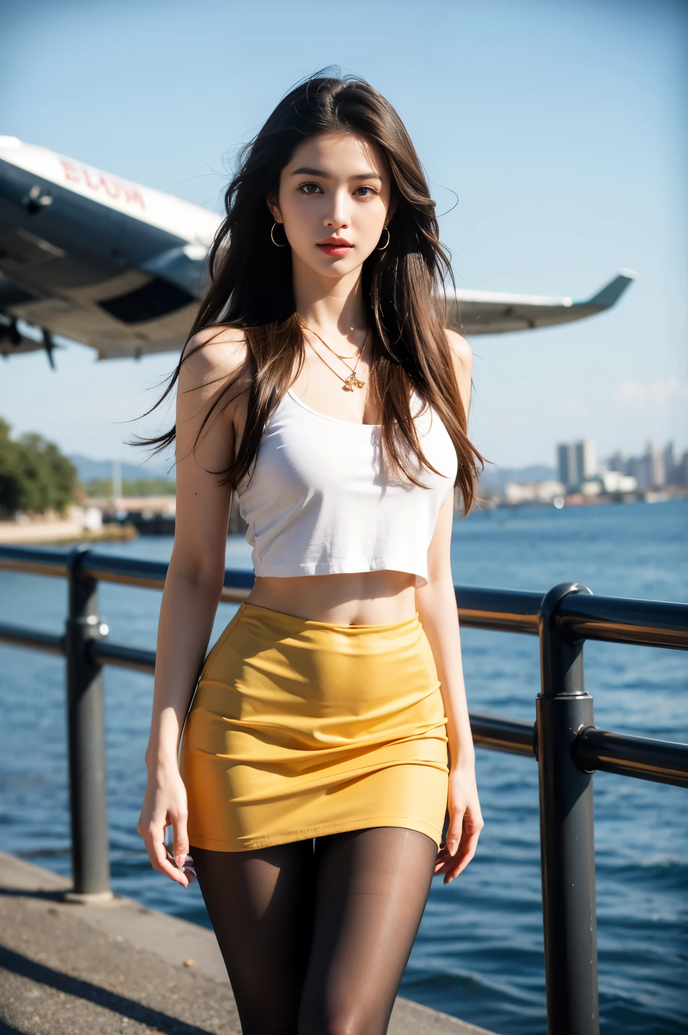 (masterpiece:1.3), (8 thousand, realistic, RAW photos, best quality: 1.4), (there&#39;there&#39;there&#39;there&#39;there&#39;there&#39;there&#39;There&#39;s only one woman), (standing posture), (walk like a model), (an exceptionally beautiful face), (incredibly beautiful body),  (long eyelashes),  (double eyelid),  (big bust), (beautiful breasts), (very sexy),  (realistic face), (brown hair, long hair:1.3), (perfect abs), (beautiful hairstyle), (realistic eyes, beautiful and delicate eyes), (realistic skin), (beautiful skin), (shirt), (short skirt), (Wearing coffee-colored pantyhose that expose your legs), (long legs), (Very beautiful bridge),(sexy legs), (high heel), absurd, attractive, ultra high resolution, (extremely realistic), (very detailed), (golden ratio), (naked), (airplane),  (I can see my whole body), (necklace, earring, wear a watch)