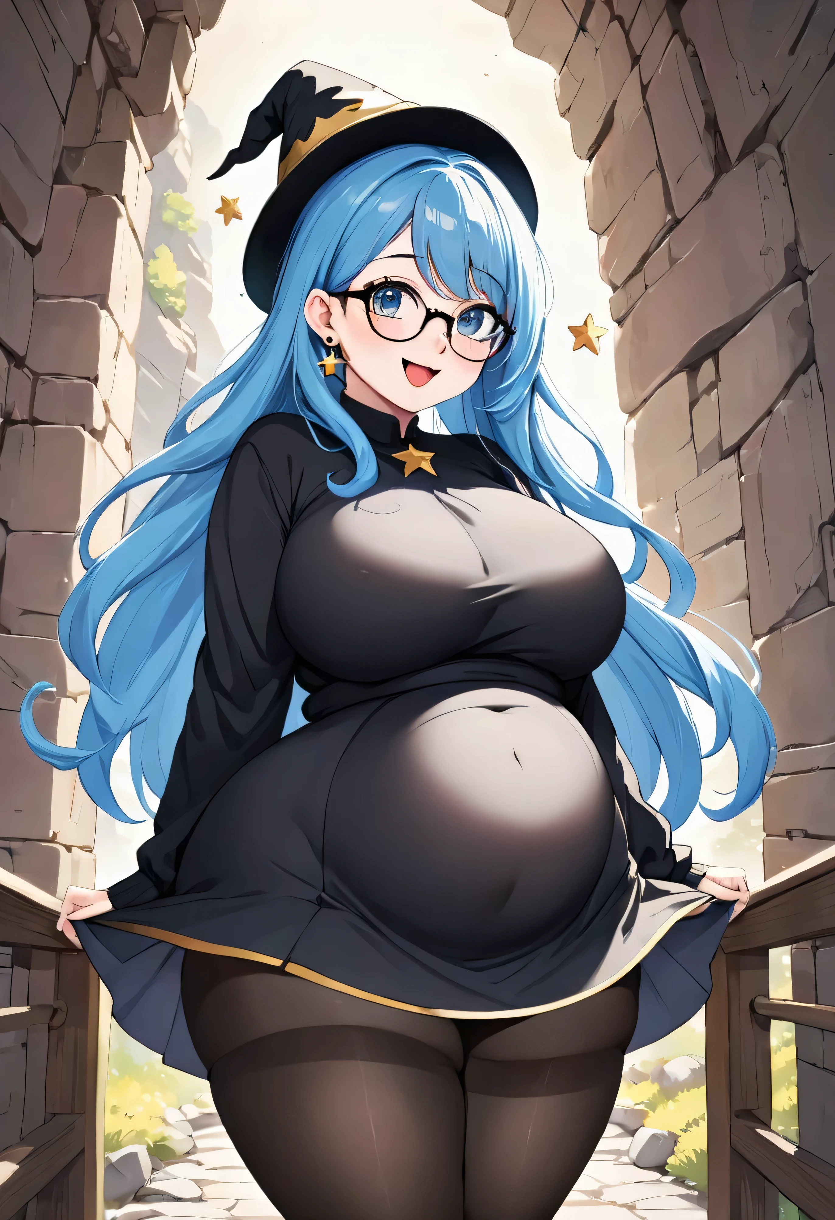 最high quality, high quality, 8k、High resolution,Highest image quality、high qualityのアニメ、A short, chubby wizard girl wearing a long-sleeved black dress and looking up at me.、wearing a wizard hat、Beautiful eyes like sapphires、wears round black-rimmed glasses、plump face、A chubby body with no waist、An innocent smile with a wide open mouth、beautiful tongue、wearing a black skirt、Plump、Beautiful eyes like sapphires、Wearing tights、An innocent smile with a wide open mouth、beautiful tongue、I'm on a sunny rocky mountain、Wearing tights、wears round black-rimmed glasses、Plump、wearing a black dress、She wears star earrings in both ears.、Wearing tights、Plump、Wearing tights、long light blue hair、wearing a black dress、Wearing tights、Plump、An innocent smile with a wide open mouth、beautiful tongue、wears round black-rimmed glasses、big belly、wears round black-rimmed glasses