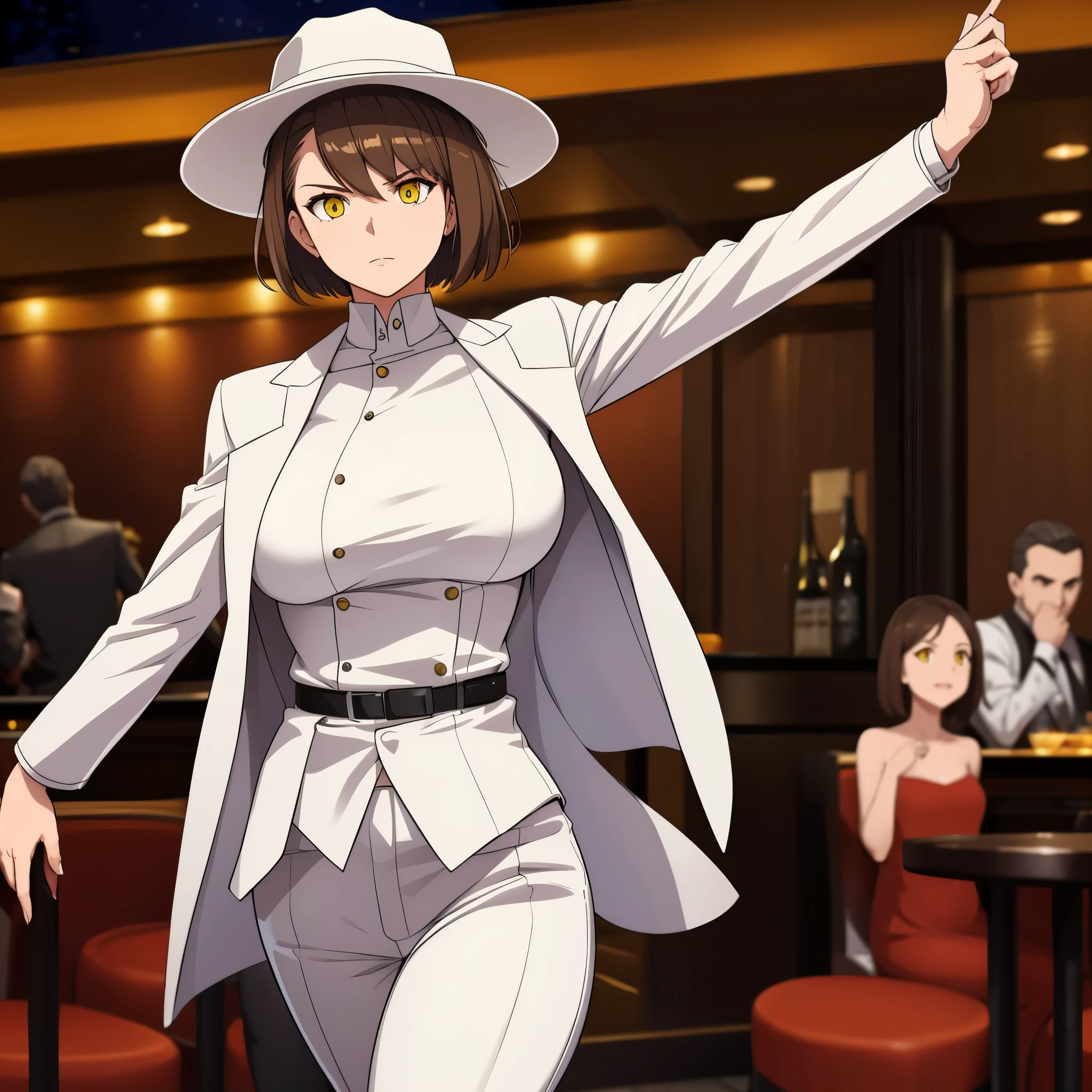 A woman with short brown hair, yellow eyes, wearing a white smooth criminal style suit, white hat, dancing in a bar at night.
