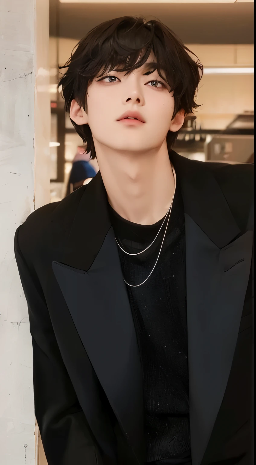 there is a man with a black shirt sitting in a chair, jinyoung shin, jung jaehyun, cai xukun, young wan angel, taejune kim, hyung tae, yanjun chengt, jungkook, kim doyoung, wan adorable korean face, inspired by Kim Taehyung, handsome face, korean artist, 1 7 - year - old boy thin face, Mole on her right cheek, pastel pink eyes, kpop boy, korean face, bts, bts V, korean male face.