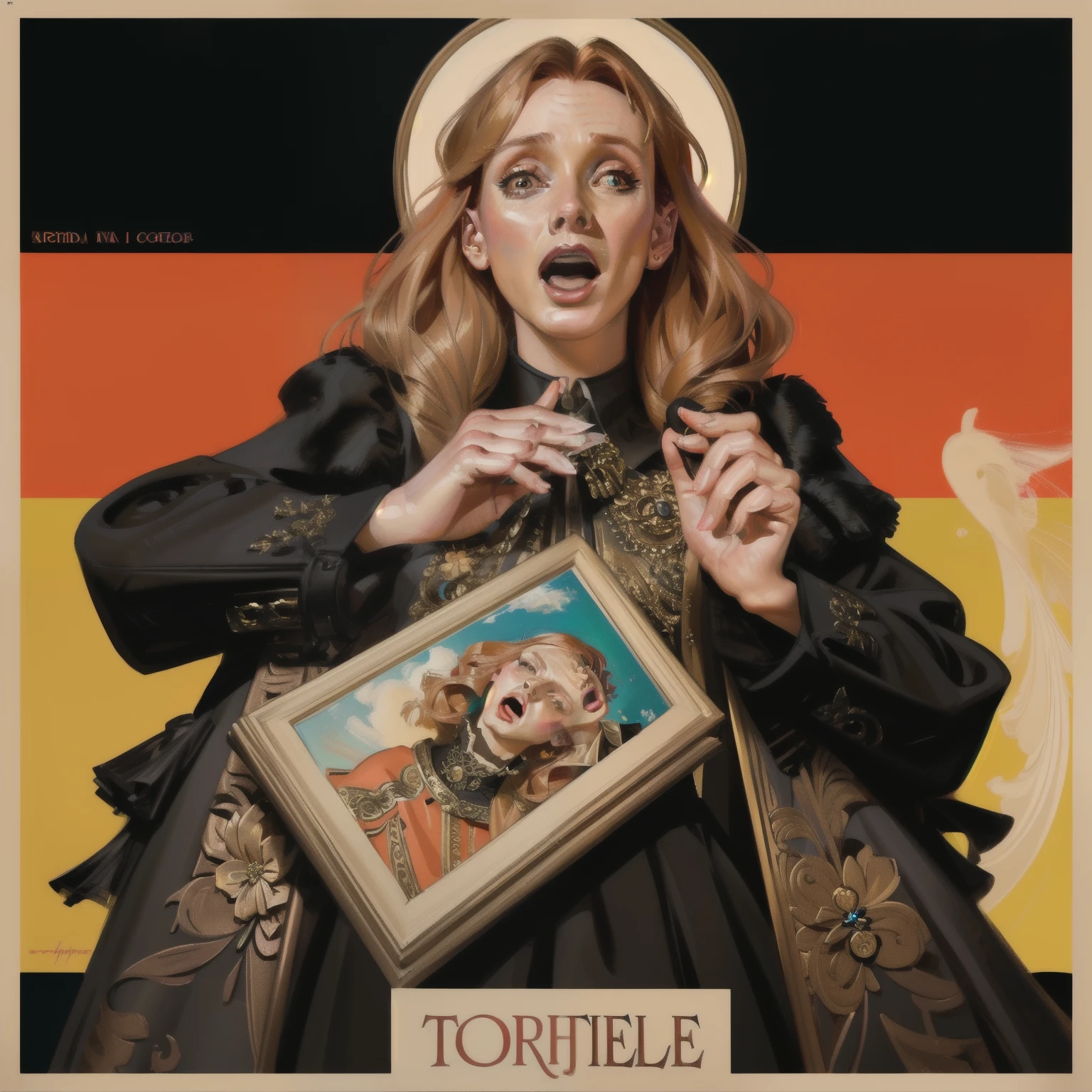 (masterpiece), (best quality), (detailed), (highres), (aesthetic), ((actress Toni Collette screaming in horror)), Leyendecker, a best quality, masterpiece, painting, Andrew Wyatt inspired modern art (Ari Aster's Hereditary movie poster), surrealistic mechanical background, in a monochrome color palette Raw portrait, manga hybrid anime pop culture references, intricate illustration, digital painting, intricate details, rich colors, 32k high contrast colors, detail texture, high detail 4k