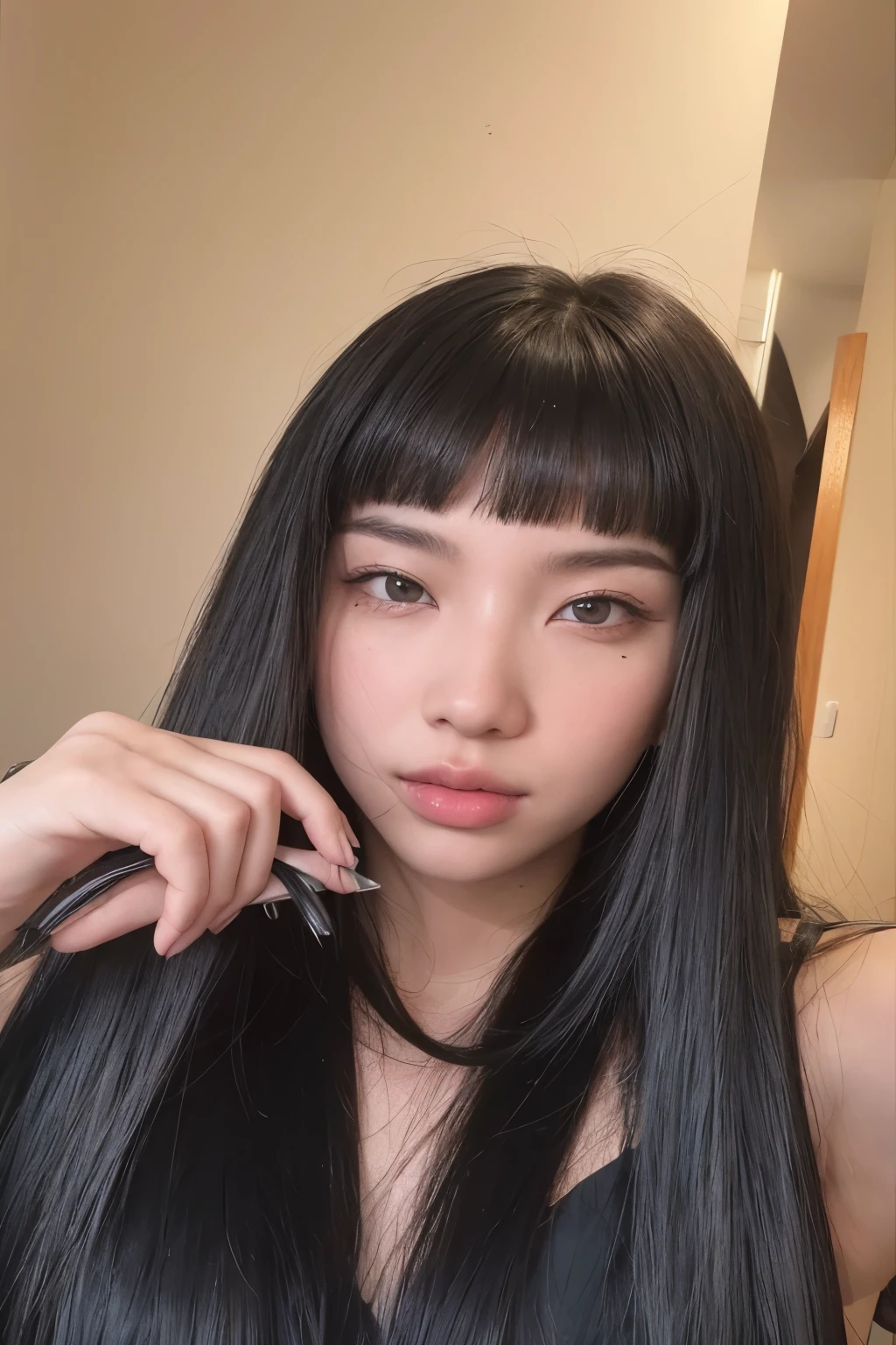 there is a woman with long black hair brushing her hair, she has black hair con flequillo, long black hair con flequillo, cabello con flequillo negro, con flequillo completo, con flequillo, flequillo recto, flequillo negro, long hair con flequillo completo, long flequillo recto, asian features, long hair con flequillo, con pelo negro liso, franja recta, neat hair con flequillo