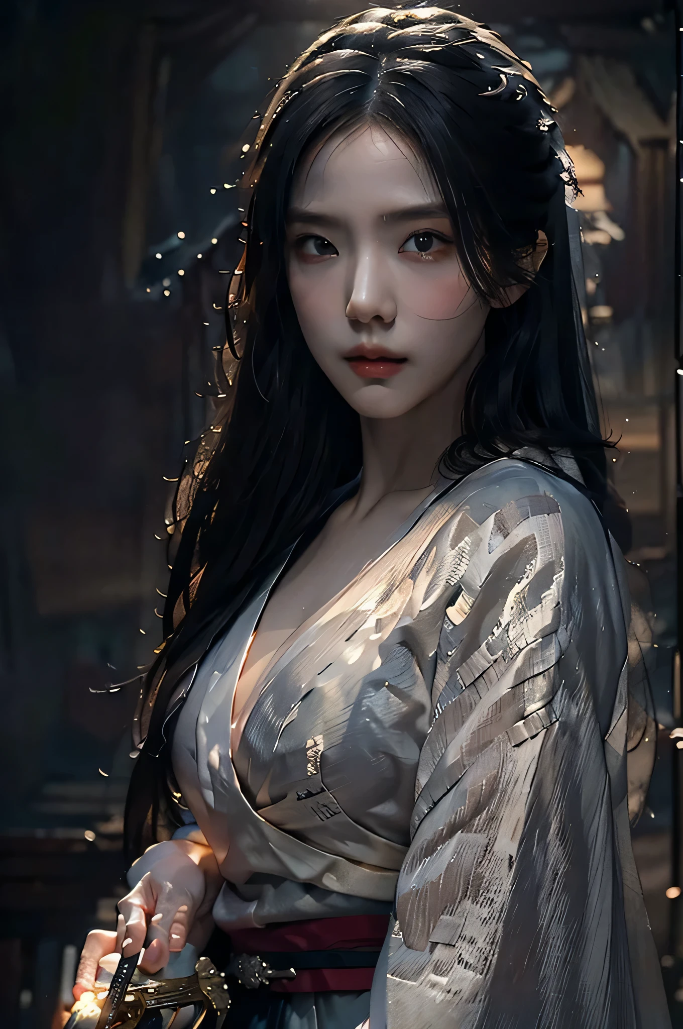 (highest image quality), (masterpiece), (vibrant, photography realistic, Realistic, Dramatic, Dark, Sharp focus, 8K), beautiful, Highly detailed face and skin texture, sexy wedding dress, ethereal beauty, mature asian woman,black long hair, make up, nsfw ,Close up shot, ((backlight)), holding sword, samurai wedding
