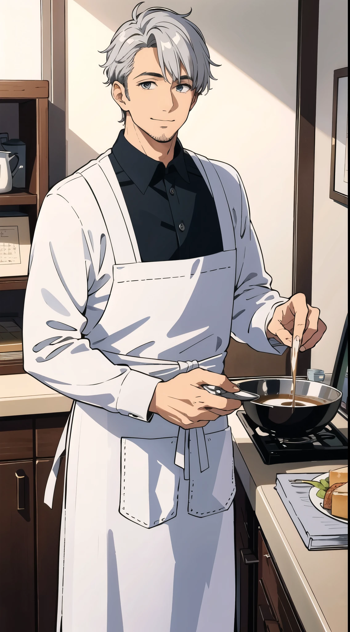 (highest quality, masterpiece), cafe clerk, 1 male, 40 years old, amazing, Handsome guy, gentle smile, silver hair, apron,
