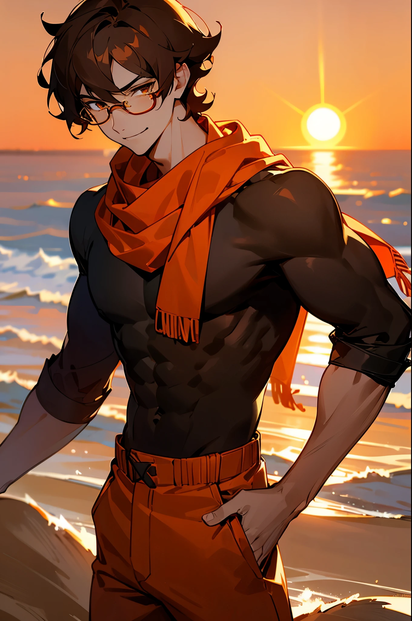 short wavy hair, black shirt,orange sweater, young male, golden eyes, sunset, brown hair, smirk, sandy background, red scarf, caramel skin tone, muscular, red glasses, orange pants, black hair