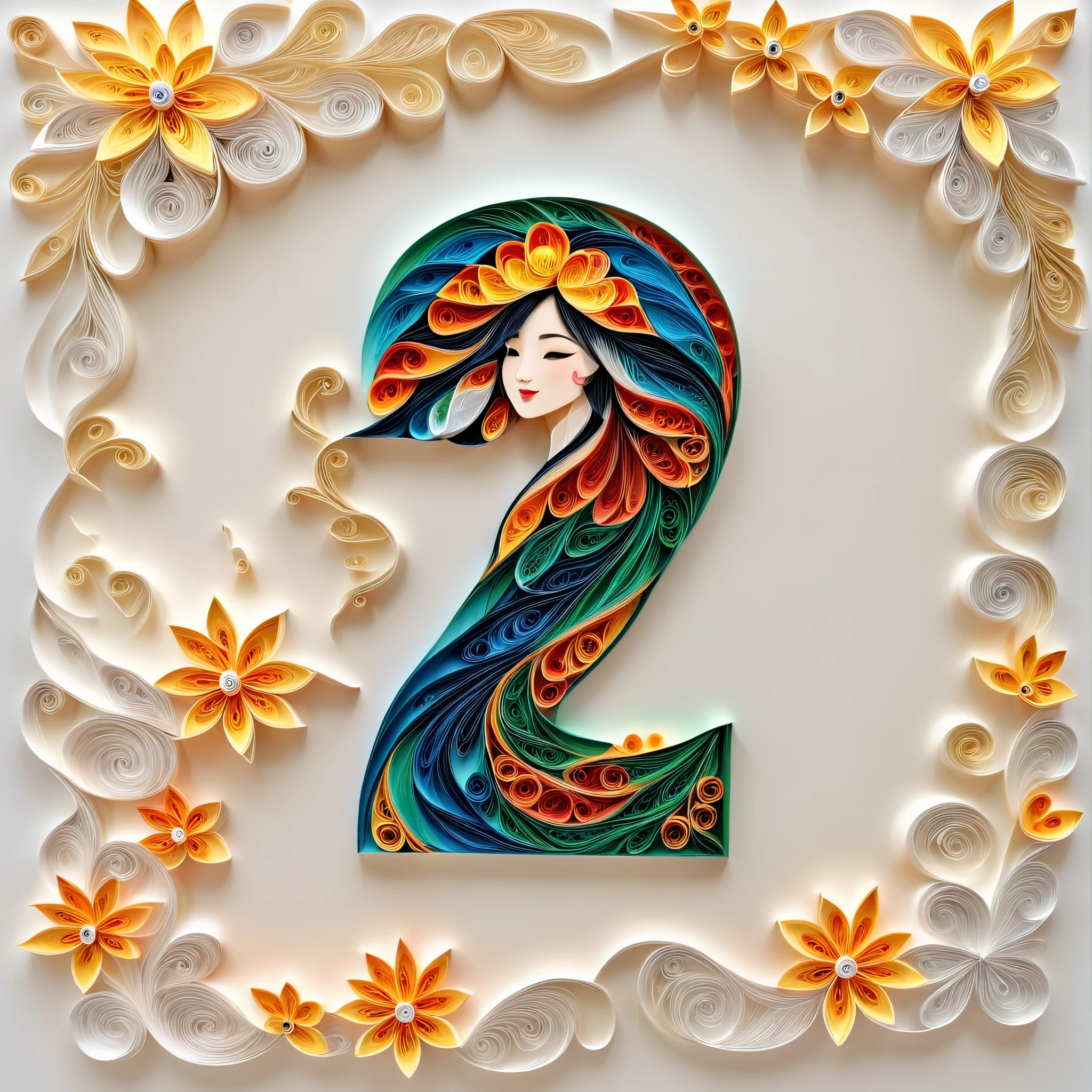 (paper art,paper quilling), pure white background, (Beautiful girl) ,Spring,(Oriental elements, Chinese color,Very colorful)