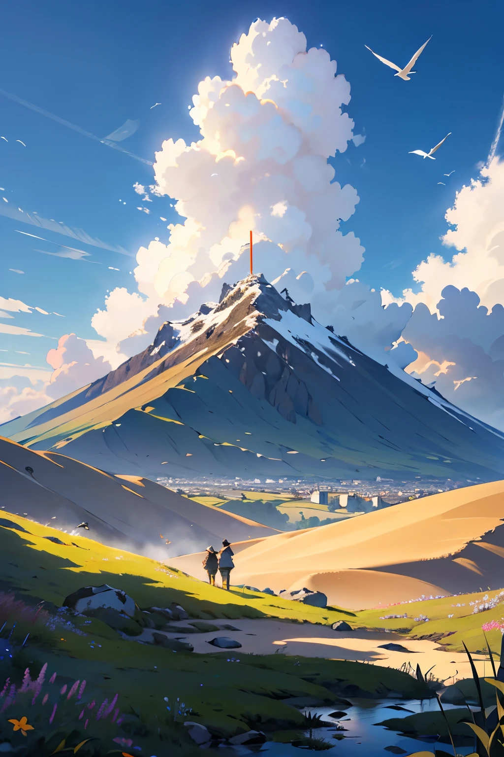 in front of KINGDOM, japanese city ERA,FIELD, HD, 8K, 4K, WHITE CLOUD, BLUE SKY,, CLOUDY, MOUNTAIN SIBERIA, TEBING, SAND, GRASS, BIRD, 