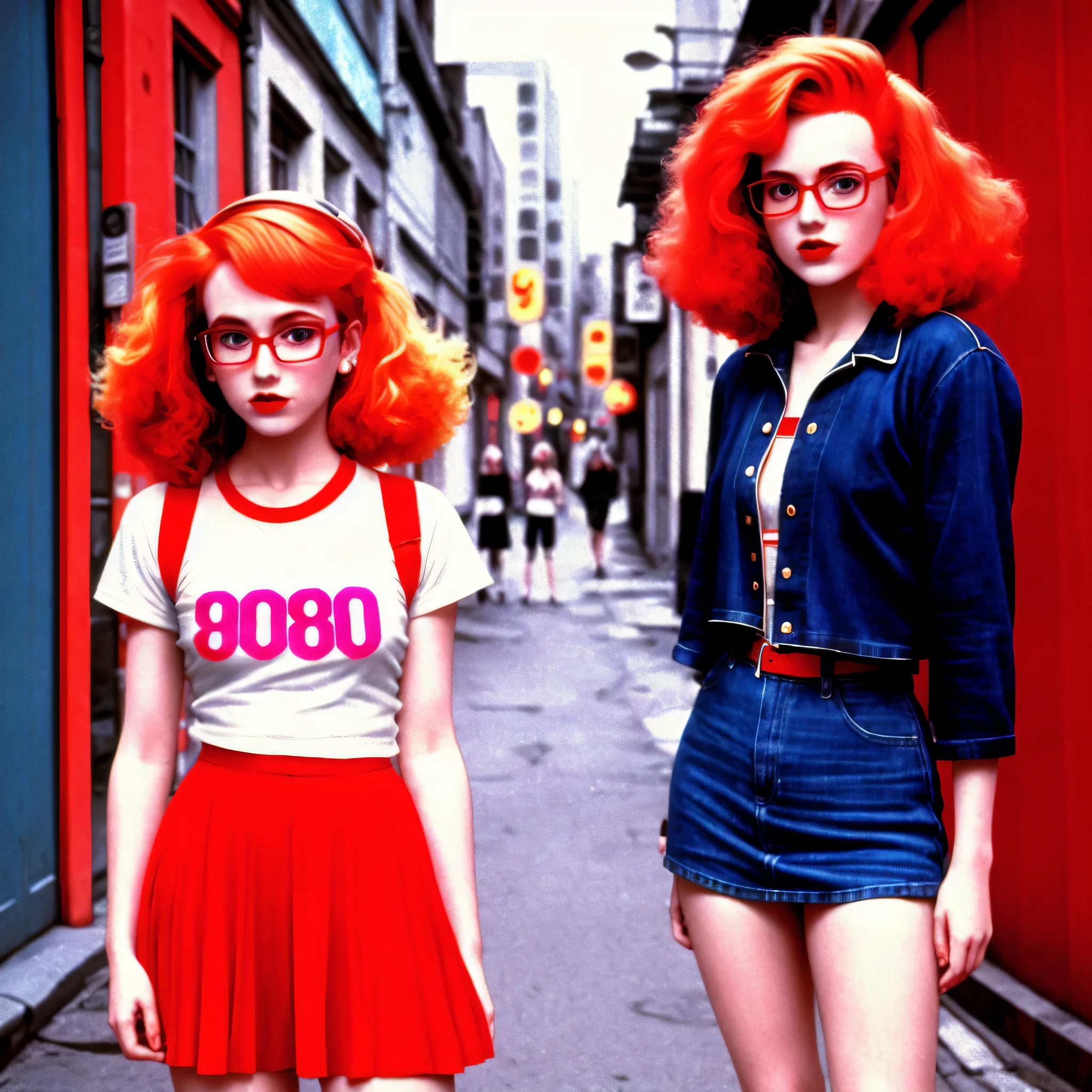 draw nerd girl wearing 80's fashion with red hair, standing on neon street
