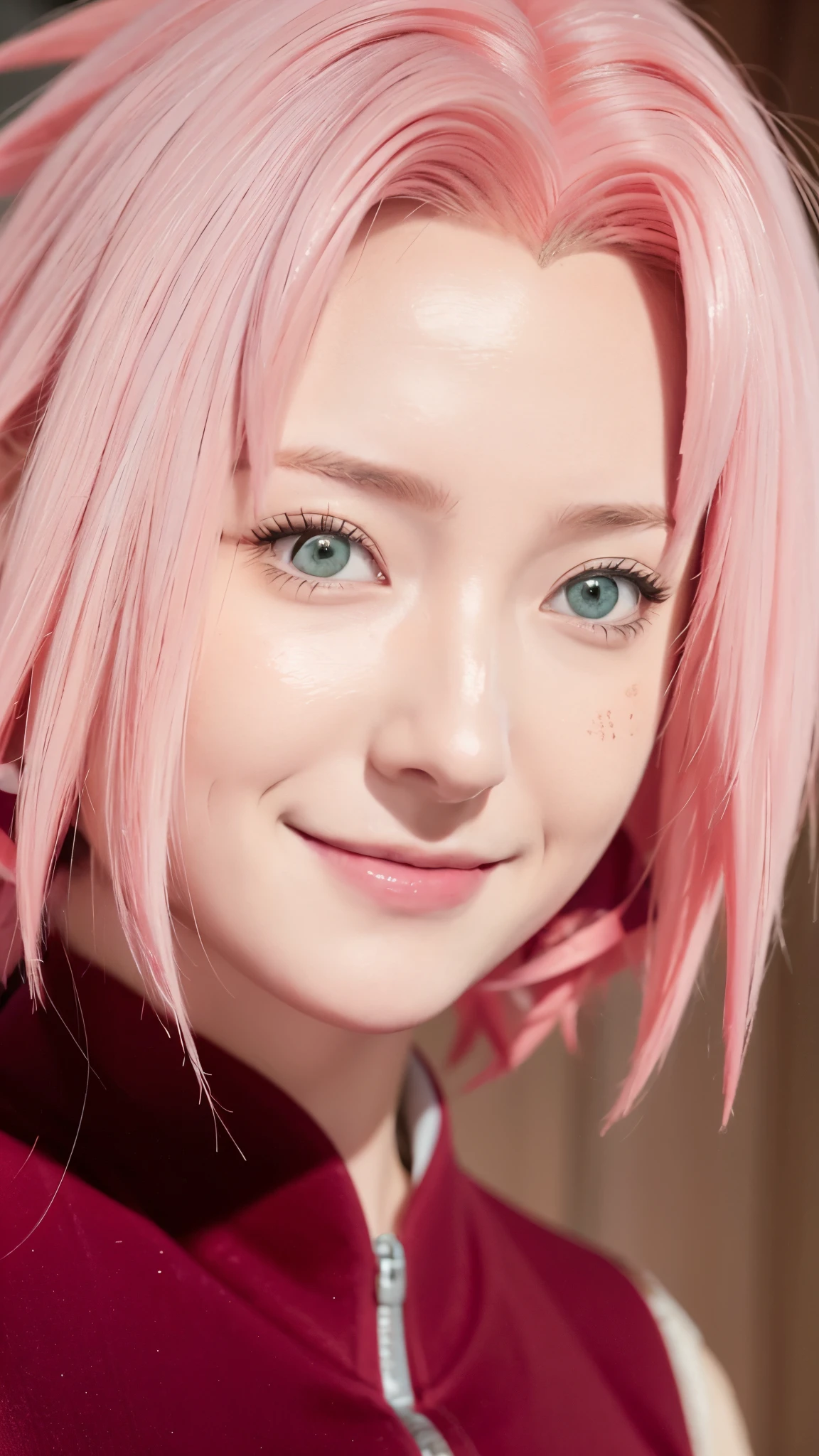 1female, haruno sakura in anime naruto shippuden, short hair , pink hair, green eyes, smile, beautiful, red clothes, realistic clothes, detail clothes, city background, ultra detail, realistic