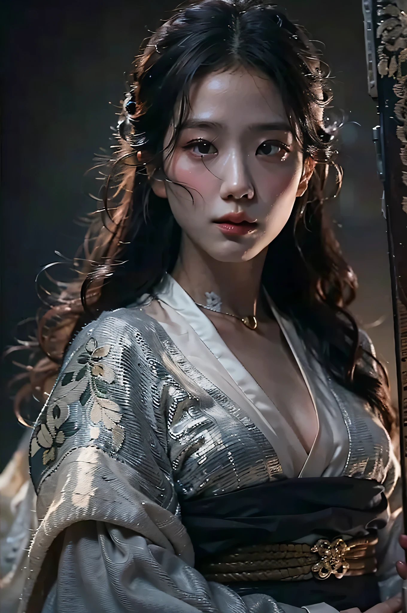 (highest image quality), (masterpiece), (vibrant, photography realistic, Realistic, Dramatic, Dark, Sharp focus, 8K), beautiful, Highly detailed face and skin texture, sexy wedding dress, ethereal beauty, mature asian woman,black long hair, make up, nsfw ,Close up shot, ((backlight)), holding sword, samurai wedding