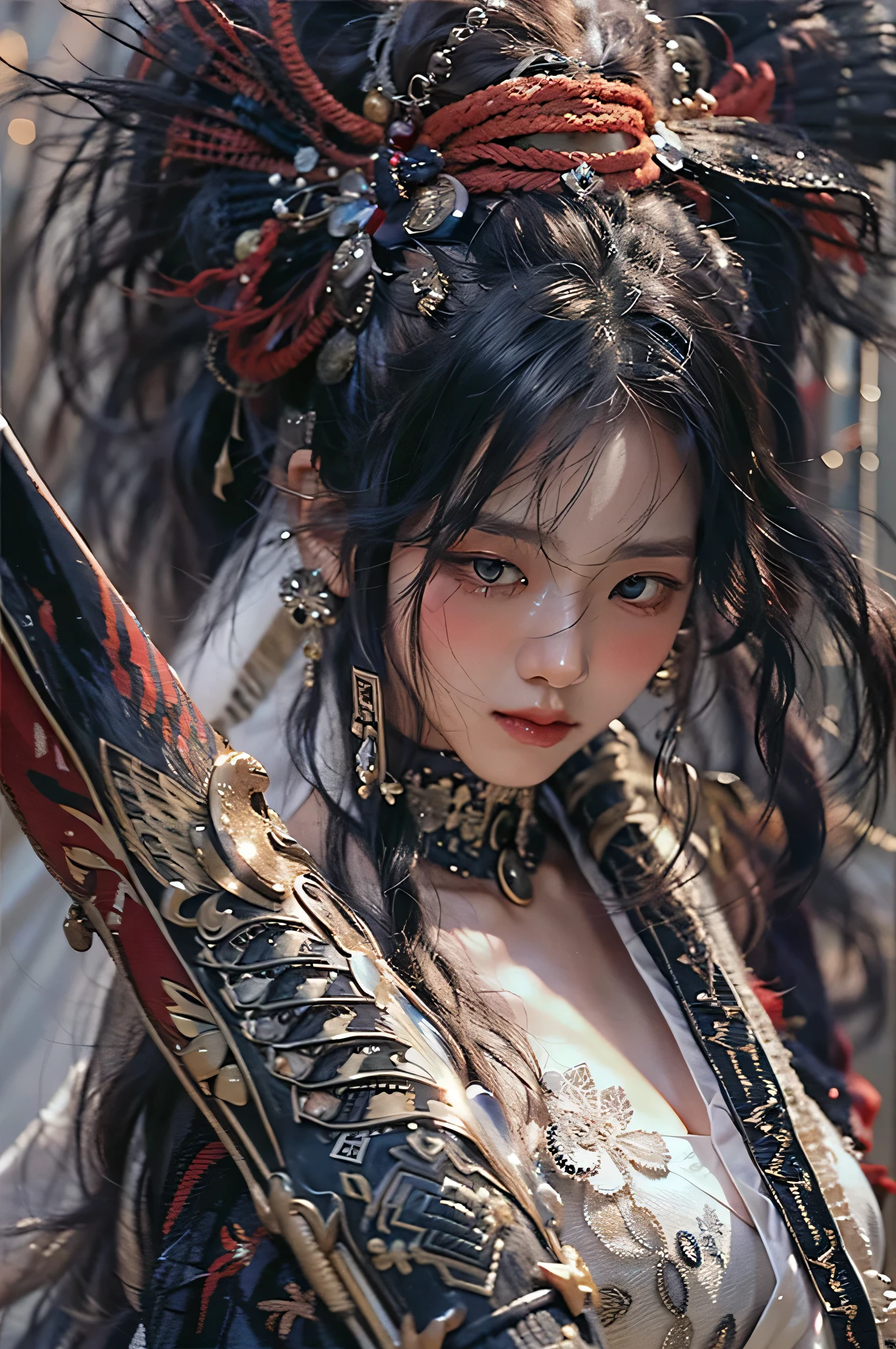 (highest image quality), (masterpiece), (vibrant, photography realistic, Realistic, Dramatic, Dark, Sharp focus, 8K), beautiful, Highly detailed face and skin texture, sexy wedding dress, ethereal beauty, mature asian woman,black long hair, make up, nsfw ,Close up shot, ((backlight)), holding sword, samurai wedding