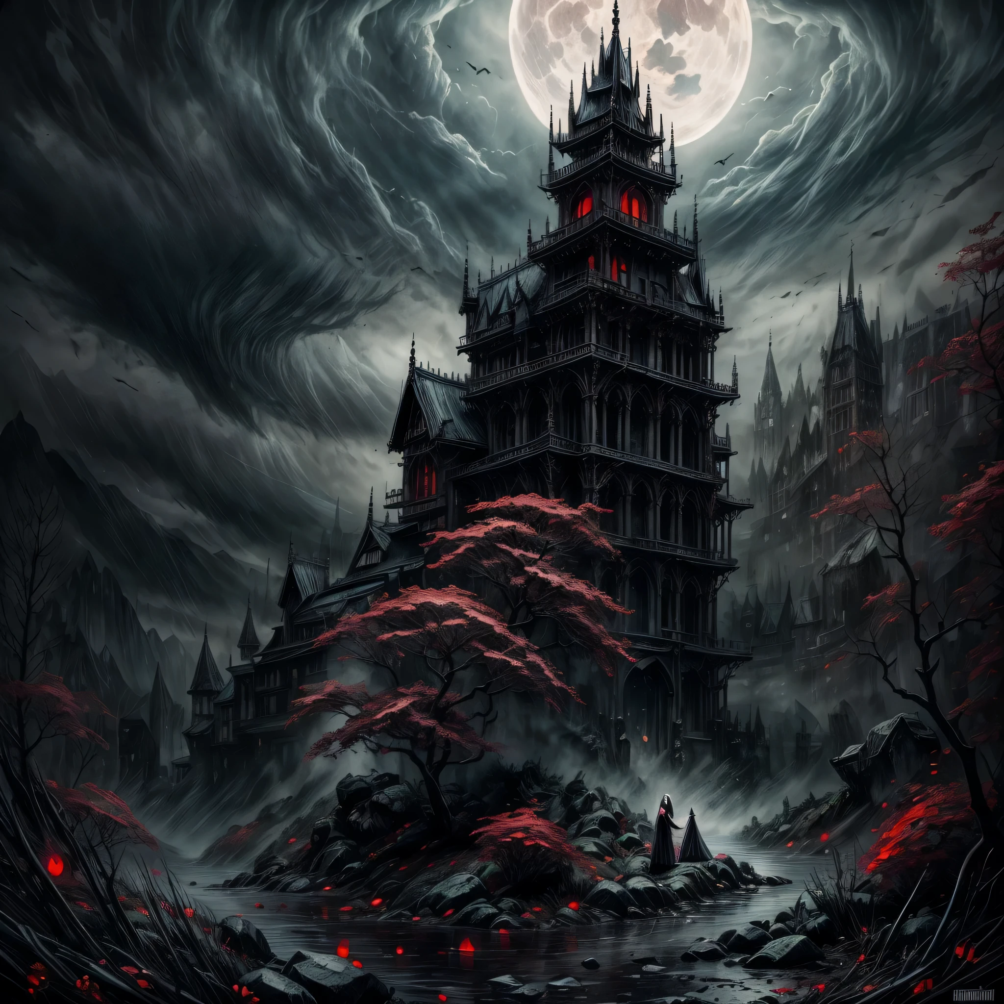 Create a dark graveyard landscape。Different world(Close-up)、Red full moon、(ultra-Detailed Background, Detailed Background), Absurd, High resolution, Super detailed, Very detailed, Portrait Photography、{{masterpiece}}, Highest quality, Very detailed 8k 壁紙, Cinema Lighting, Detailed landscape、