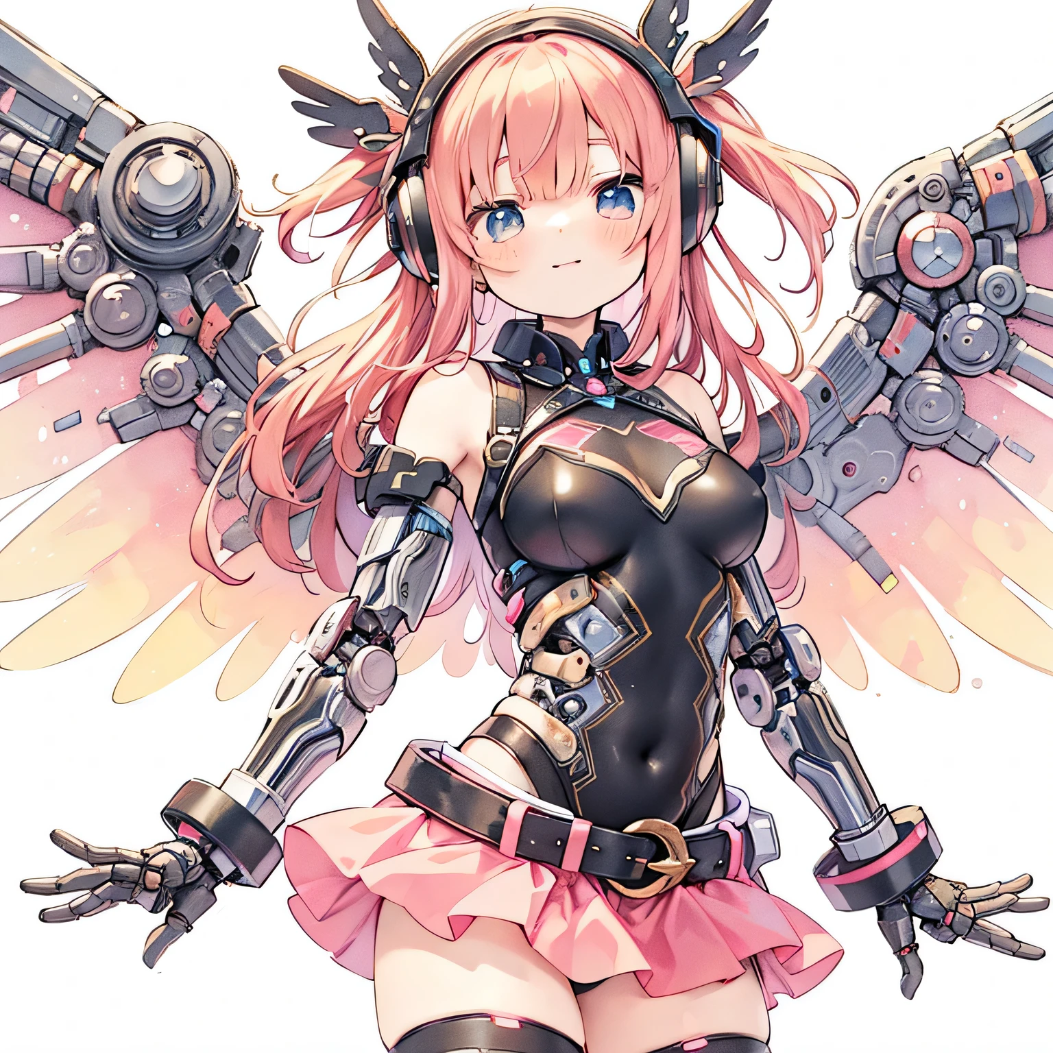smile,anime girl with wings and headphones standing in front of a white background, mechanized valkyrie girl, mechanical angel, pastel watercolor anime、The background is nature、The smiling girl has wings made of mechanics.、She is wearing a black leotard and a pink miniskirt.、black long gloves、orange high ponytail、black ribbon,anime manga robot!! anime girl, beautiful cyborg angel girl, mecha wings, fully robotic!! girl, angel knight girl, mechanical wings, anime robotic mixed with organic, armor girl, biomechanical oppai, cute cyborg girl, steampunk angel