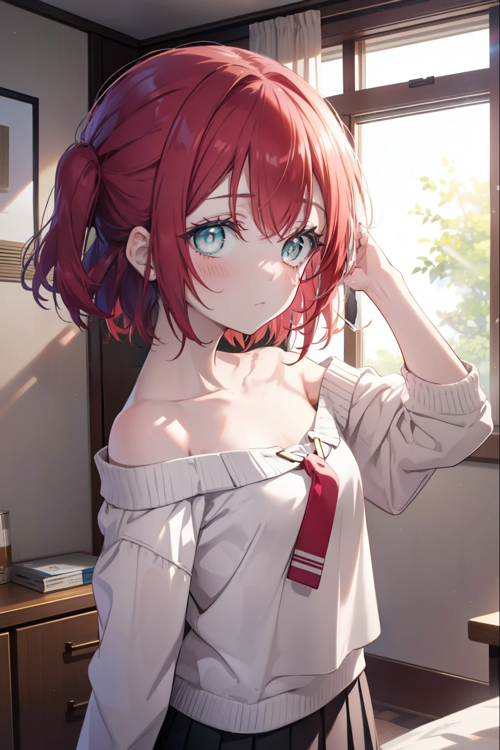 rubykurosawa, Ruby Kurosawa, aqua eye, medium hair, redhead, (flat chest:1.2),off shoulder sweater,bare clavicle,naked neck,bare shoulders,pleated skirt ray tracing, global illumination,tie hair in mouth,head,1 girl, alone, Upper body, put your hands in your hair, vanity table,小さい椅子に座っている 
break looking at viewer, 
break indoors, Bedroom, 
break (masterpiece:1.2), highest quality, High resolution, unity 8k wallpaper, (figure:0.8), (detailed and beautiful eyes:1.6), highly detailed face, perfect lighting, Very detailed CG, (perfect hands, perfect anatomy),