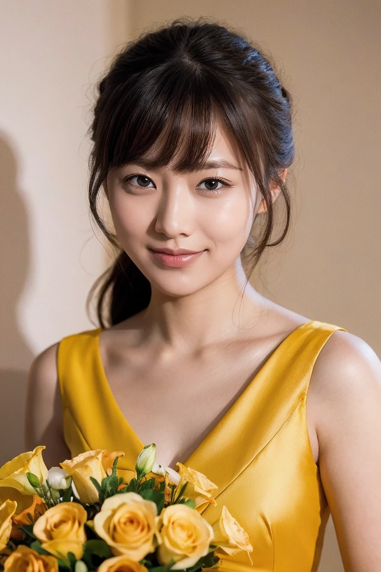 medium view, medium shot, written boundary depth, bust, Upper body, cinematic angle, masterpiece, highest quality, Super detailed, CG, 8k wallpaper, beautiful face, delicate eyes, maiden, alone, smile, bangs, have,mustard dress, bow, petal, bouquet