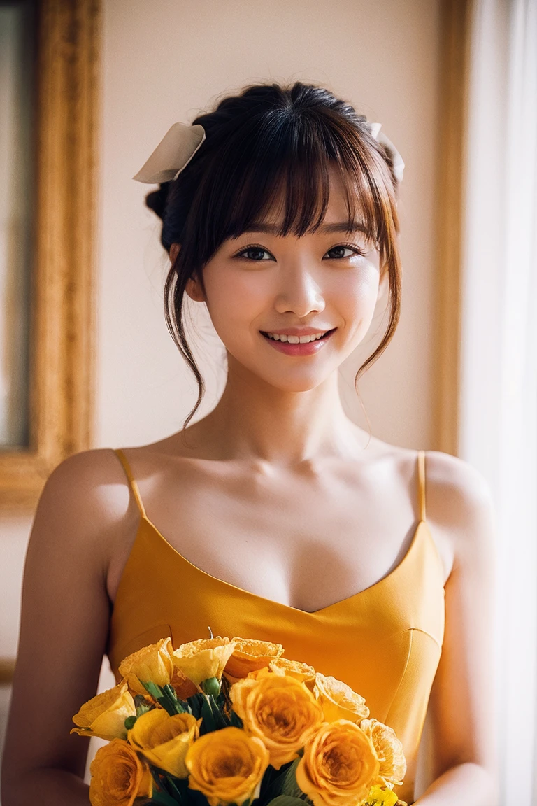 medium view, medium shot, written boundary depth, bust, Upper body, cinematic angle, masterpiece, highest quality, Super detailed, CG, 8k wallpaper, beautiful face, delicate eyes, maiden, alone, smile, bangs, have,mustard dress, bow, petal, bouquet