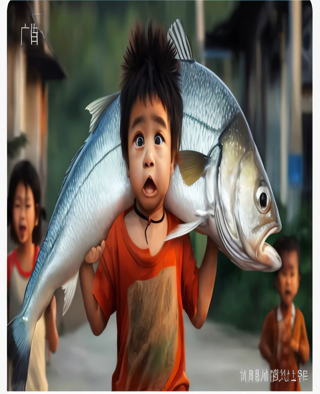 a fat boy was carrying a big fish in the river