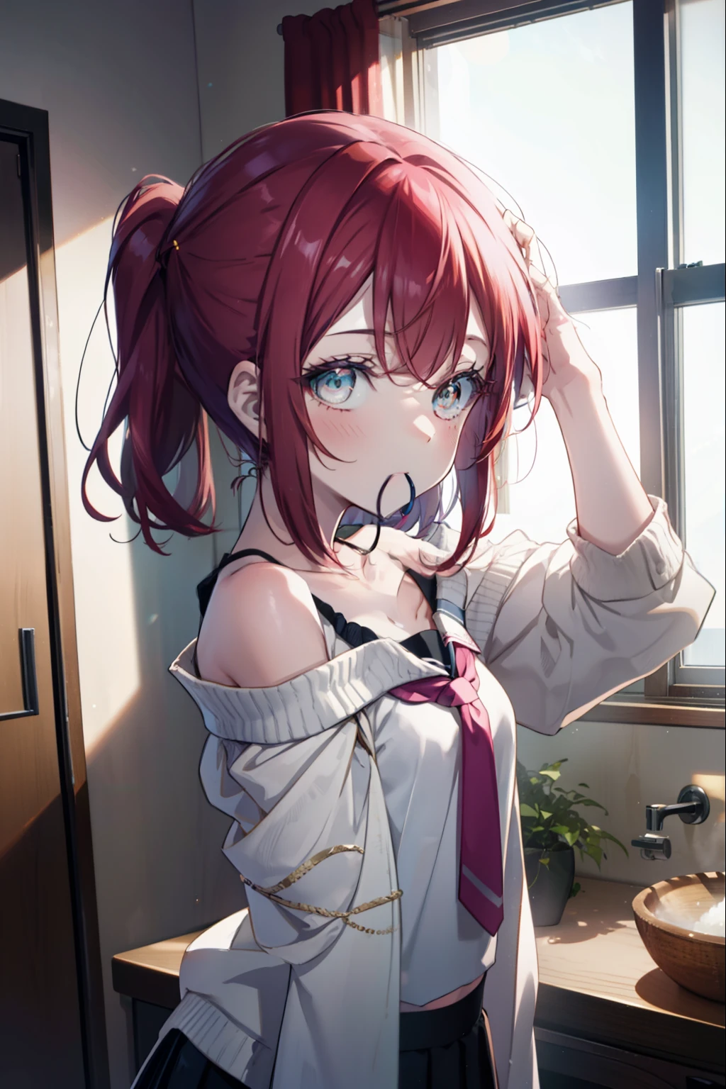 rubykurosawa, Ruby Kurosawa, aqua eye, medium hair, redhead, (flat chest:1.2),ponytail,off shoulder sweater,bare clavicle,naked neck,bare shoulders,pleated skirt ray tracing, global illumination,tie hair in mouth,head,1 girl, alone, Upper body, put your hands in your hair, vanity table,小さい椅子に座っている 
break looking at viewer, 
break indoors, Bedroom, 
break (masterpiece:1.2), highest quality, High resolution, unity 8k wallpaper, (figure:0.8), (detailed and beautiful eyes:1.6), highly detailed face, perfect lighting, Very detailed CG, (perfect hands, perfect anatomy),