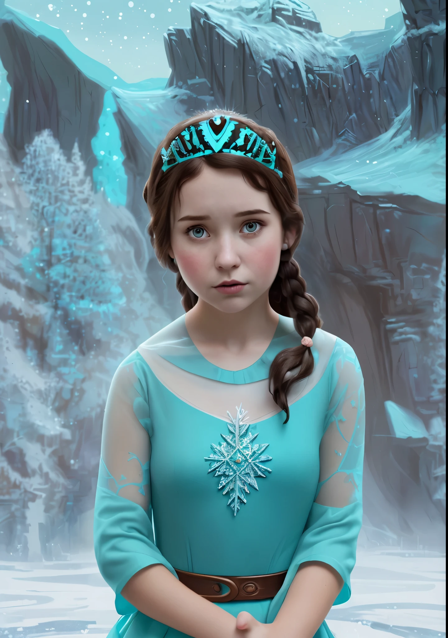 girl with dark hair in a turquoise dress with a closed top and long sleeves. Against the background of Olaf from the cartoon "Frozen" and the kingdom of Arendelle
