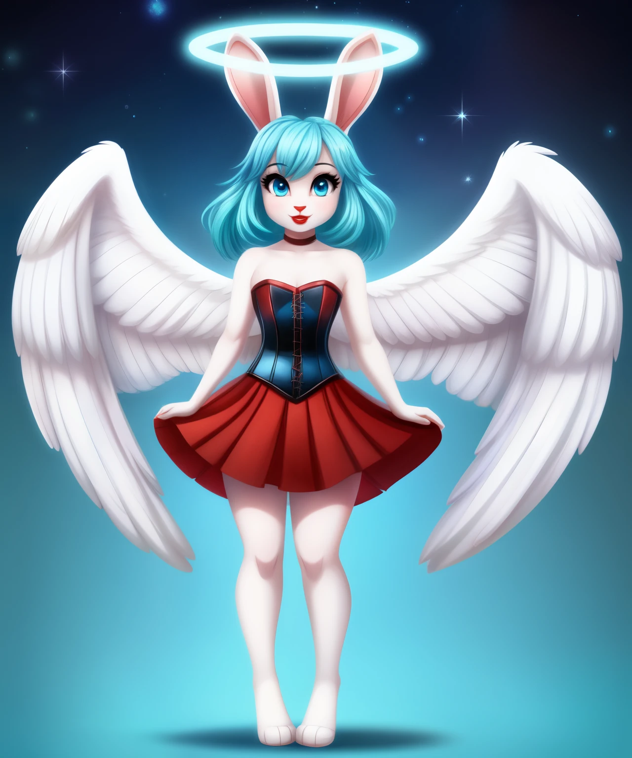 Andromeda the female angel rabbit, lop rabbit ears, white skin, cyan hair, halo, white soft wings, pink lipstick, aquamarine eyes, Vivziepop cartoon style, full body view