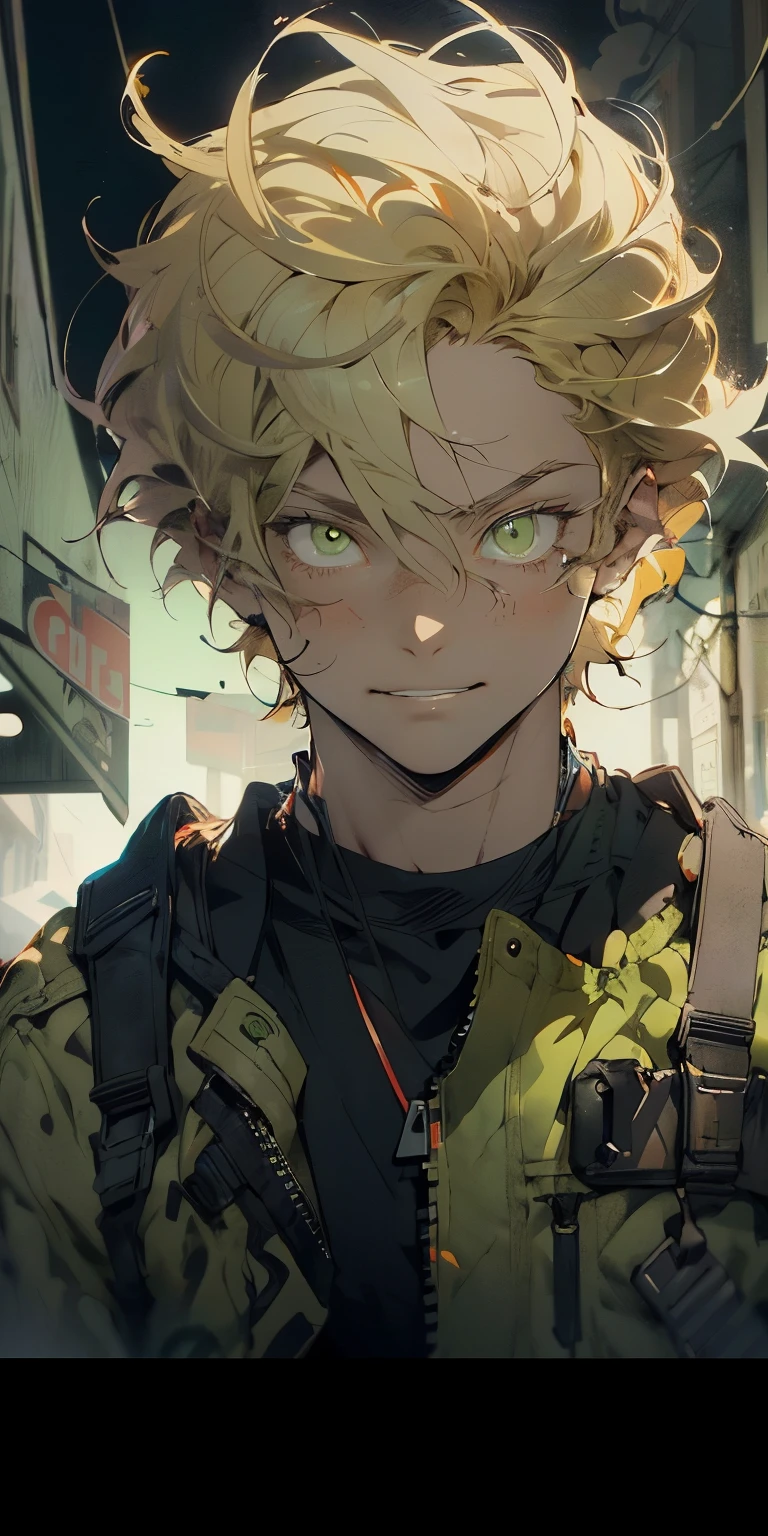 anime sketch, impressively detailed sketch, one man, (((detailed short blonde hair, detailed olive green eyes, Russian))), toned muscular body, modern casual clothing, apocalyptic world, vivid colors, concept artists lighting, focus to torso, raised eyebrow, ((((sonriendo)))), (((ADULTO))),