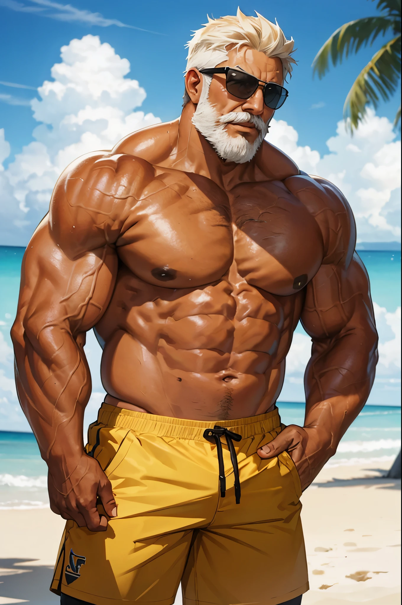 Beach, solo, 1boy, Huge Muscular Old man wearing sunglasses ((nude, topless, shirtless)), side view , pectoral, huge pectoral, wide pectoral, short yellow hair, short pants and shirtless,thick  mustache, (only mustache, no beard), masterpiece, high detailed, 8k, high resolution