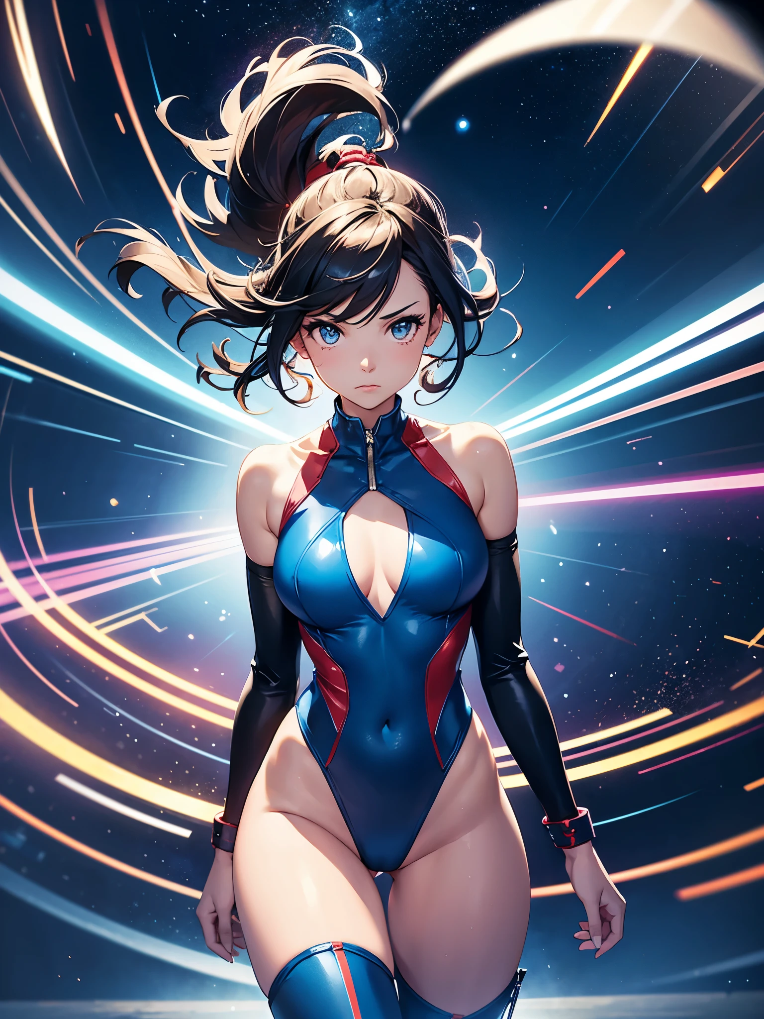 1girl, medium breasts, leotard, blue leotard with red accents, tight belt, bare legs, boots, matching boots, bracelets, city backdrop, solo, single, standing, full body shot, cowboy shot, beautiful detailed eyes, spread arms, spinning, spins fast in place like a tornado, twirling in place, tornado spinning, rapid gyration, space backdrop, motion blur, speed lines, tornado, time warp