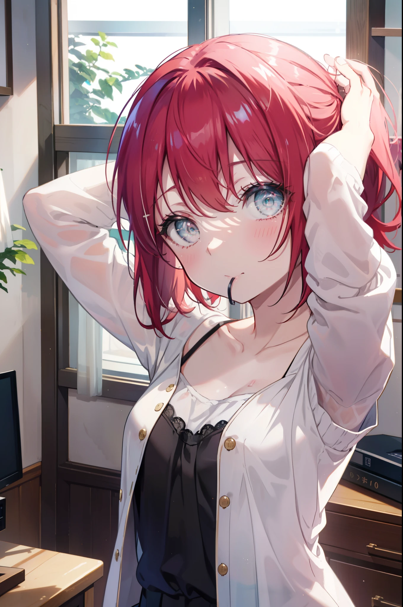 rubykurosawa, Ruby Kurosawa, aqua eye, medium hair, redhead, (flat chest:1.2),ponytail,off shoulder sweater,smile,bare clavicle,naked neck,bare shoulders,pleated skirt ray tracing, global illumination,tie hair in mouth,head,1 girl, alone, Upper body, put your hands in your hair, vanity table,小さい椅子に座っている 
break looking at viewer, 
break indoors, Bedroom, 
break (masterpiece:1.2), highest quality, High resolution, unity 8k wallpaper, (figure:0.8), (detailed and beautiful eyes:1.6), highly detailed face, perfect lighting, Very detailed CG, (perfect hands, perfect anatomy),